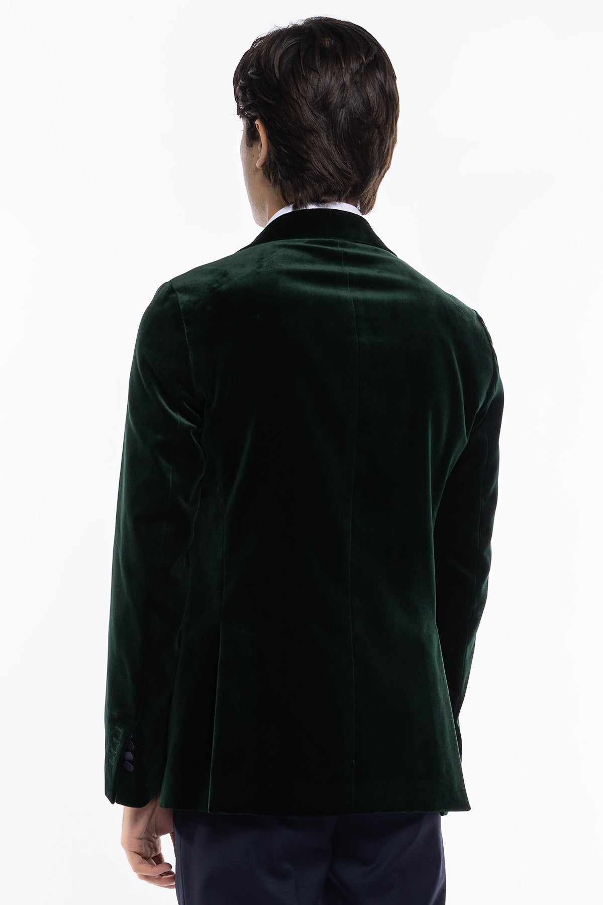 Giacca uomo monopetto verde bottiglia in velluto liscio Holland & Sherry con rever a lancia largo blu notte