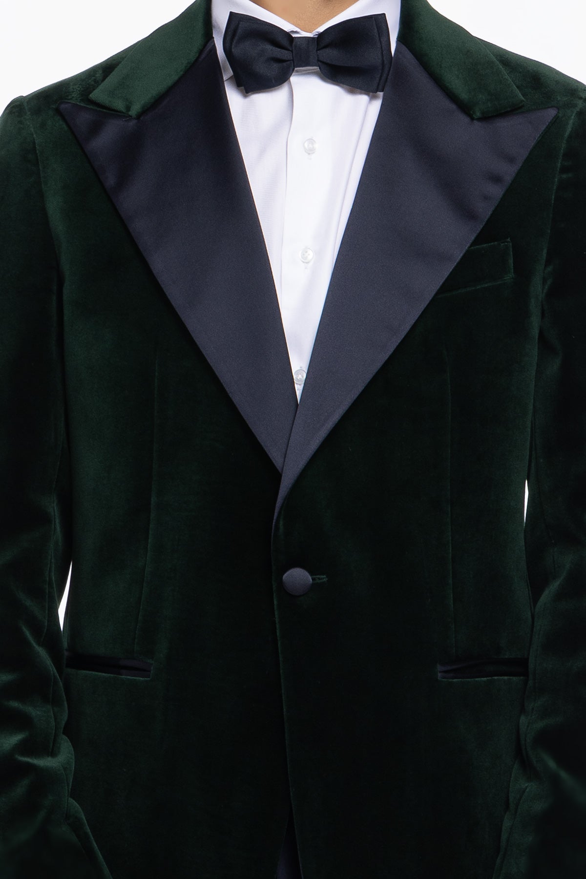 Giacca uomo monopetto verde bottiglia in velluto liscio Holland & Sherry con rever a lancia largo blu notte