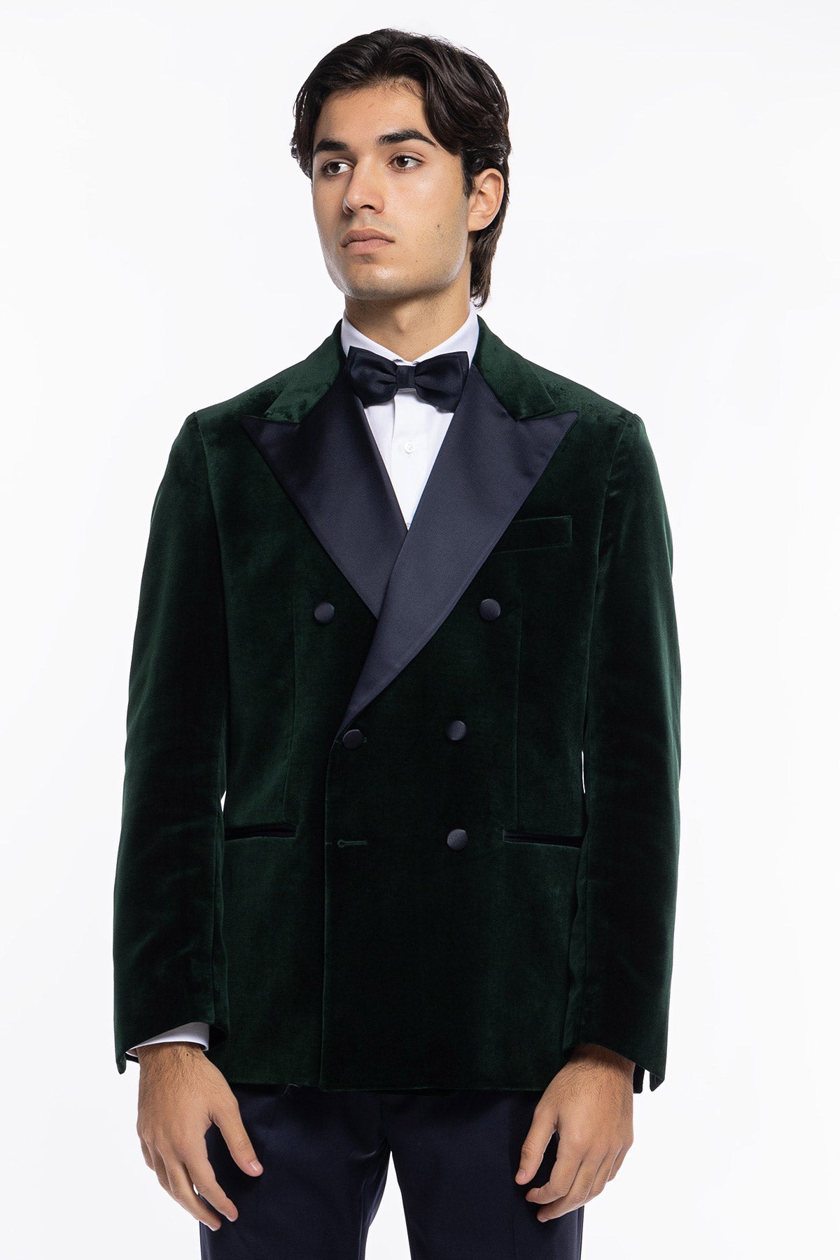 Giacca uomo Doppiopetto verde bottiglia in velluto liscio Holland & Sherry con rever a lancia largo blu notte