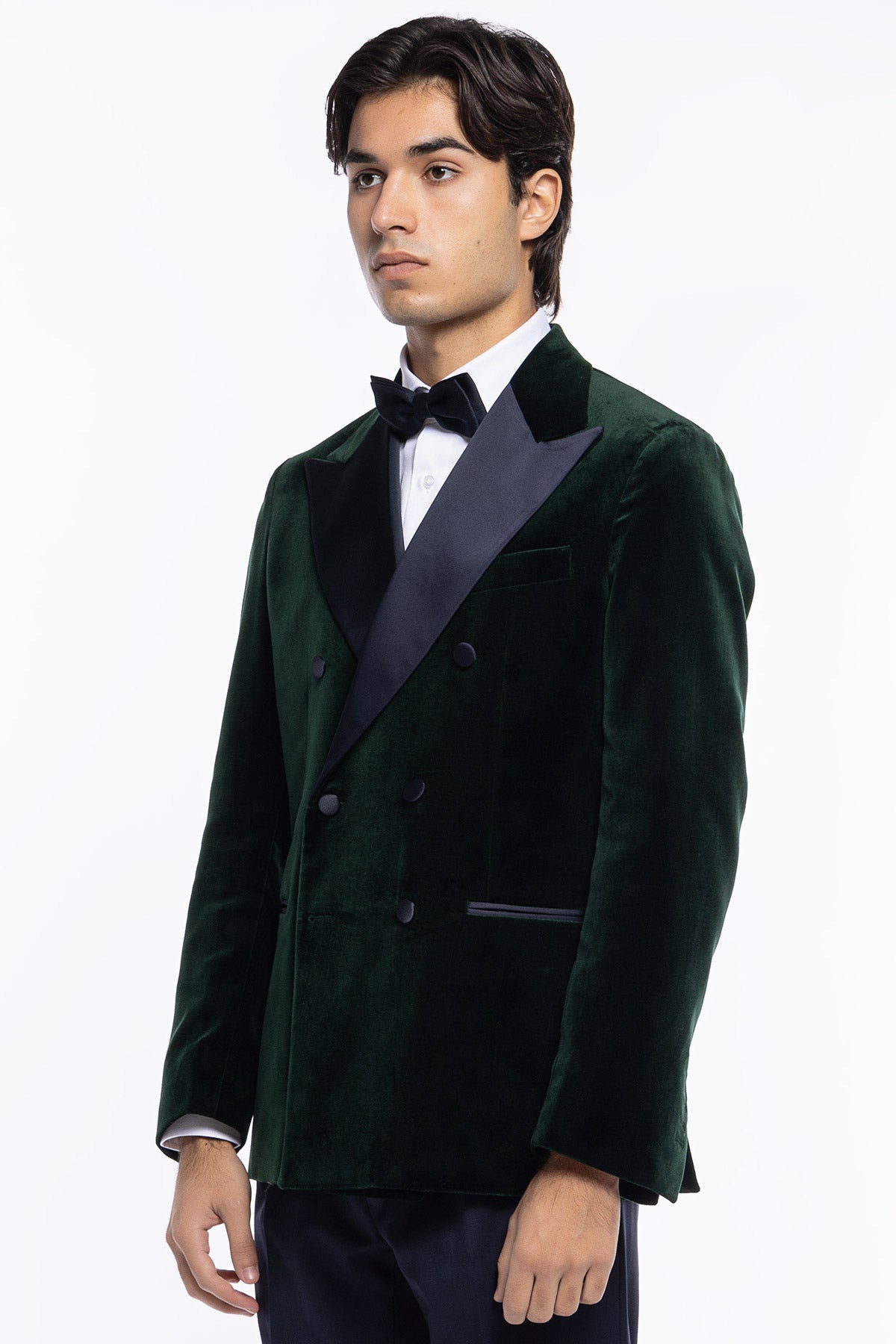 Giacca uomo Doppiopetto verde bottiglia in velluto liscio Holland & Sherry con rever a lancia largo blu notte
