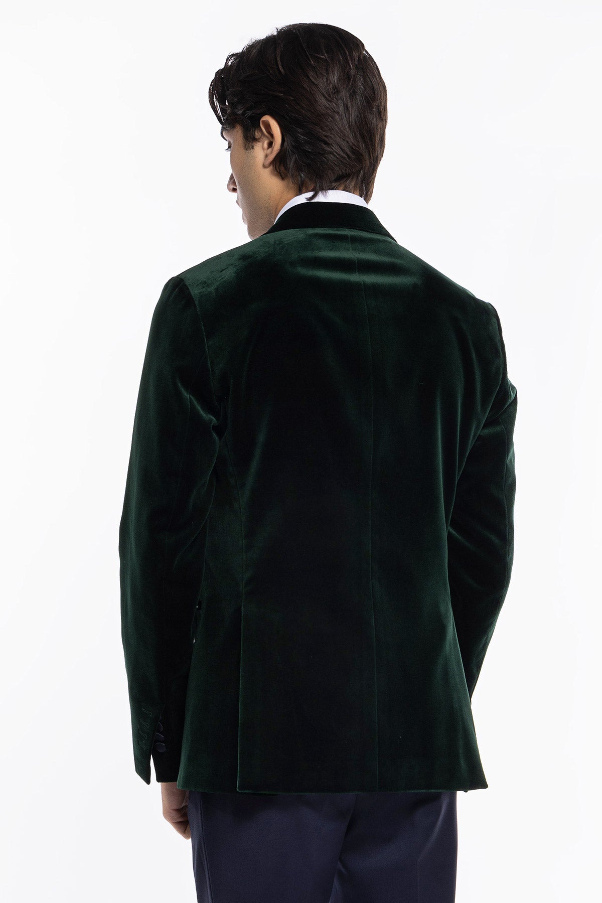 Giacca uomo Doppiopetto verde bottiglia in velluto liscio Holland & Sherry con rever a lancia largo blu notte