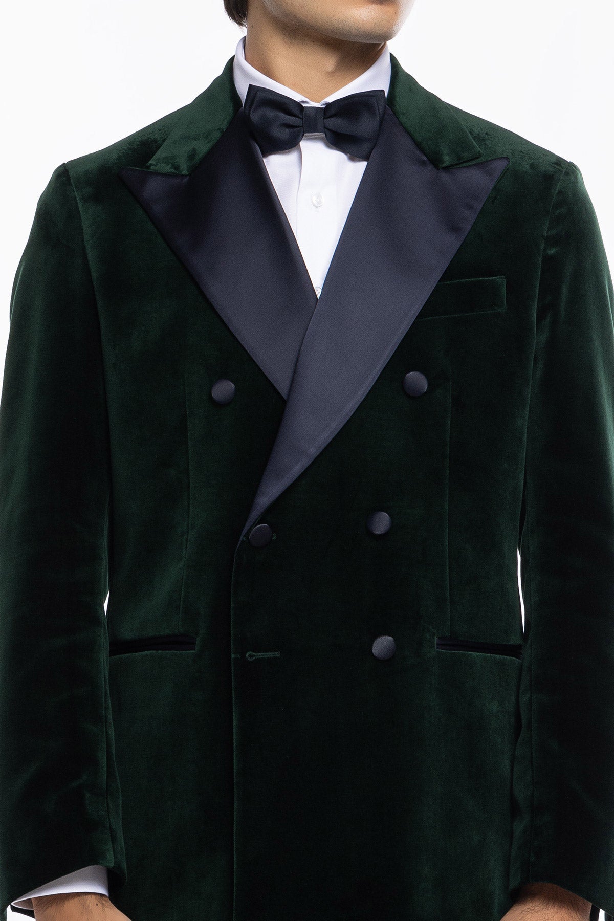 Giacca uomo Doppiopetto verde bottiglia in velluto liscio Holland & Sherry con rever a lancia largo blu notte