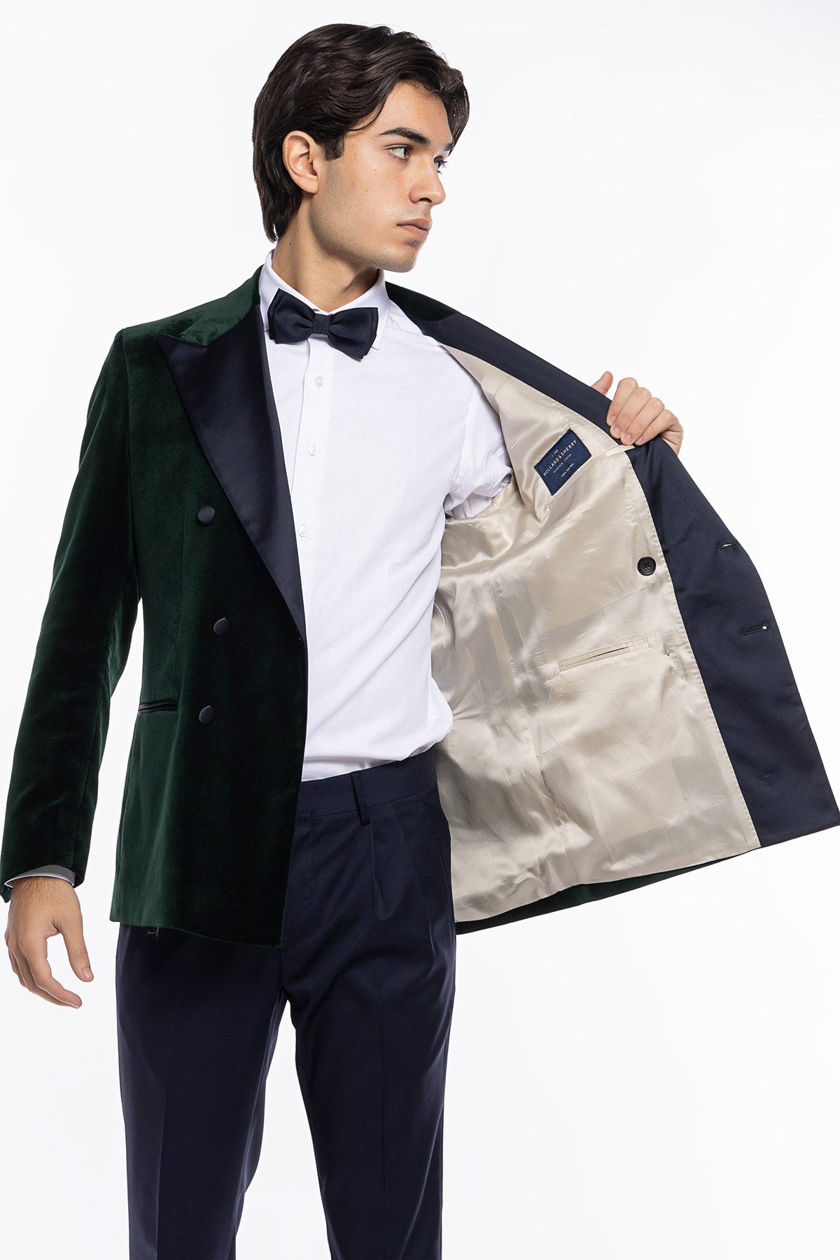 Giacca uomo Doppiopetto verde bottiglia in velluto liscio Holland & Sherry con rever a lancia largo blu notte