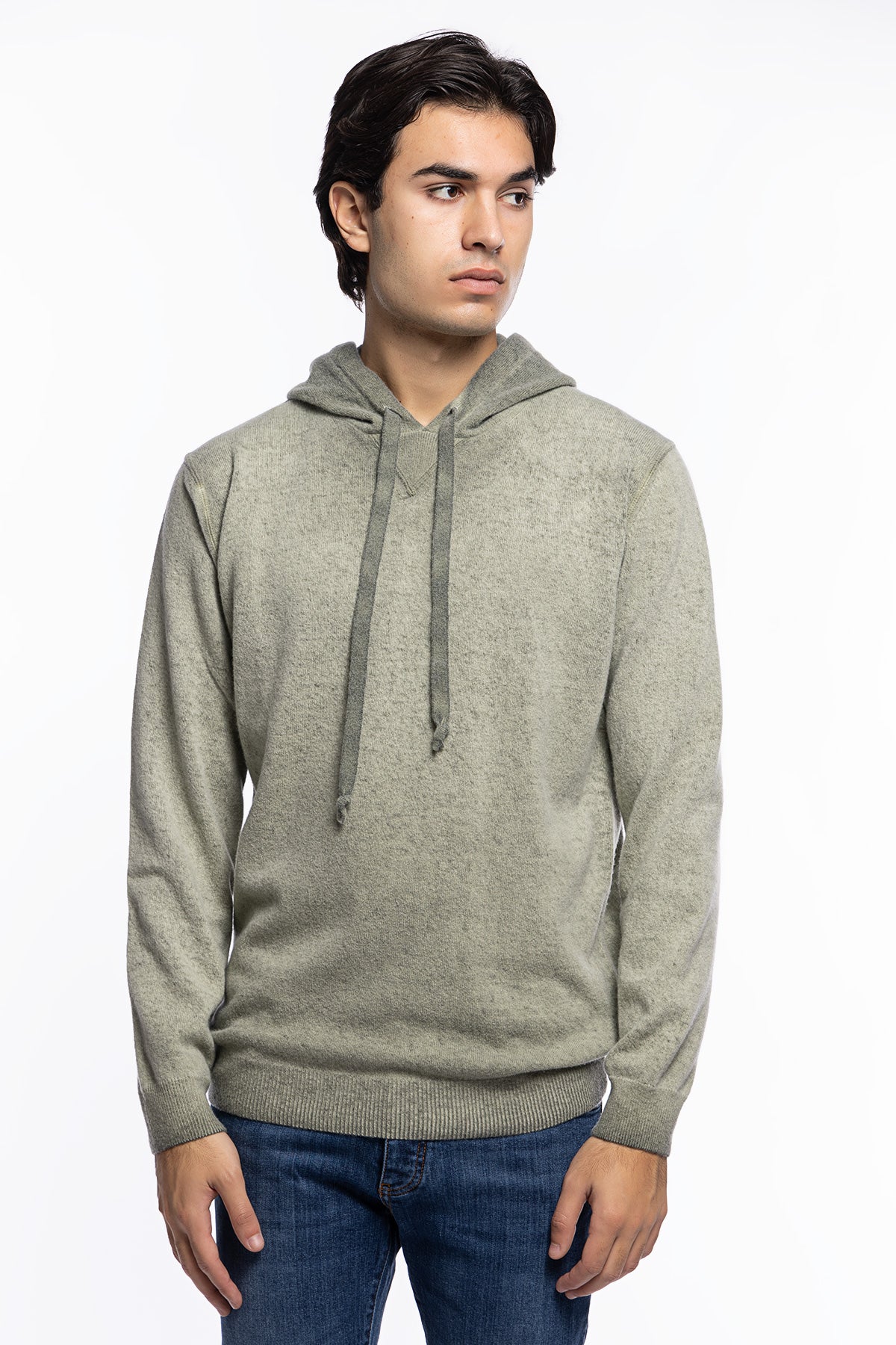 Felpa da uomo con cappuccio Verde in lana e cashmere made in italy