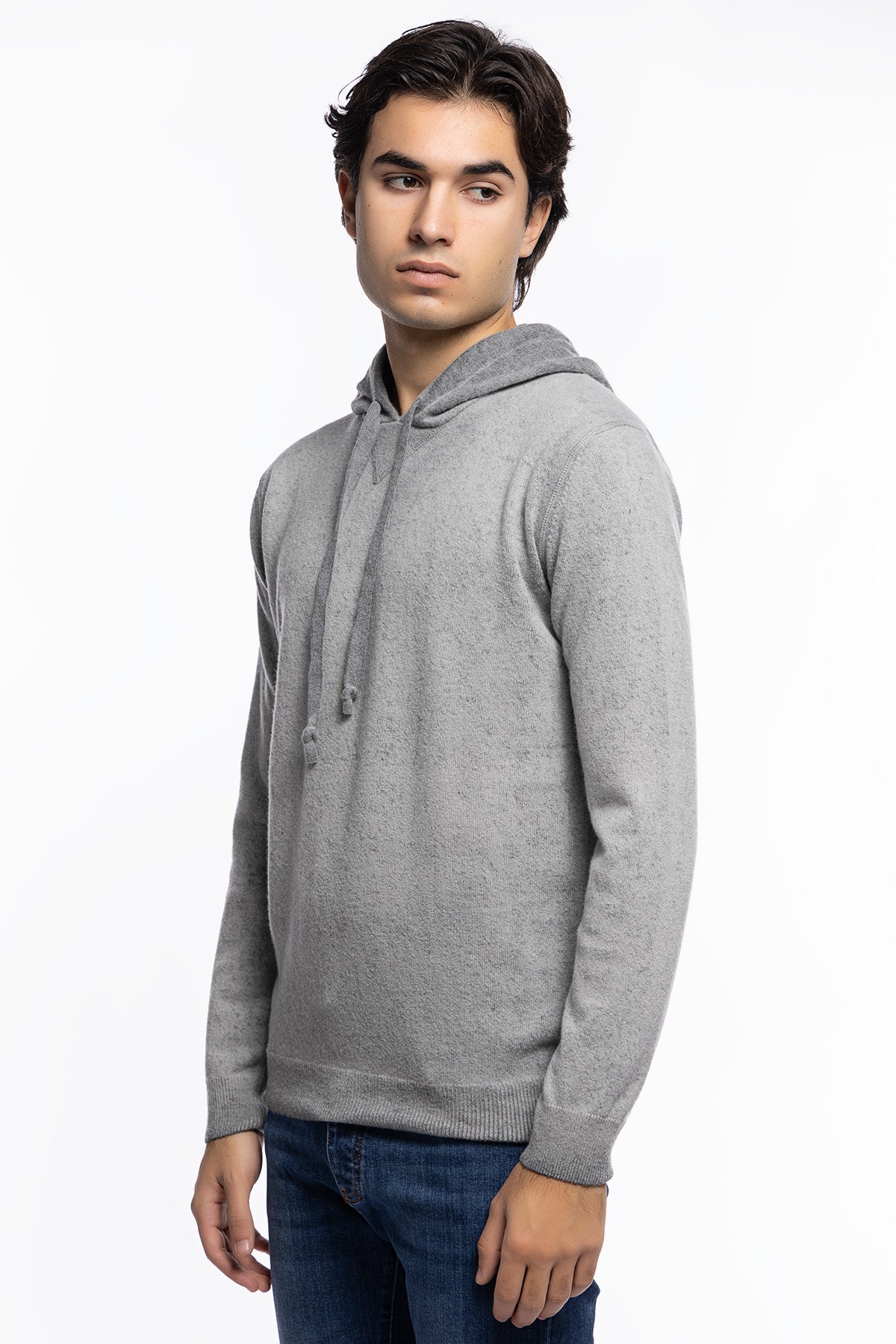 Felpa da uomo con cappuccio grigia in lana e cashmere made in italy