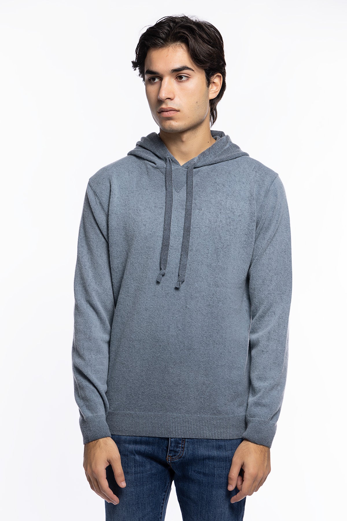 Felpa da uomo con cappuccio celeste in lana e cashmere made in italy