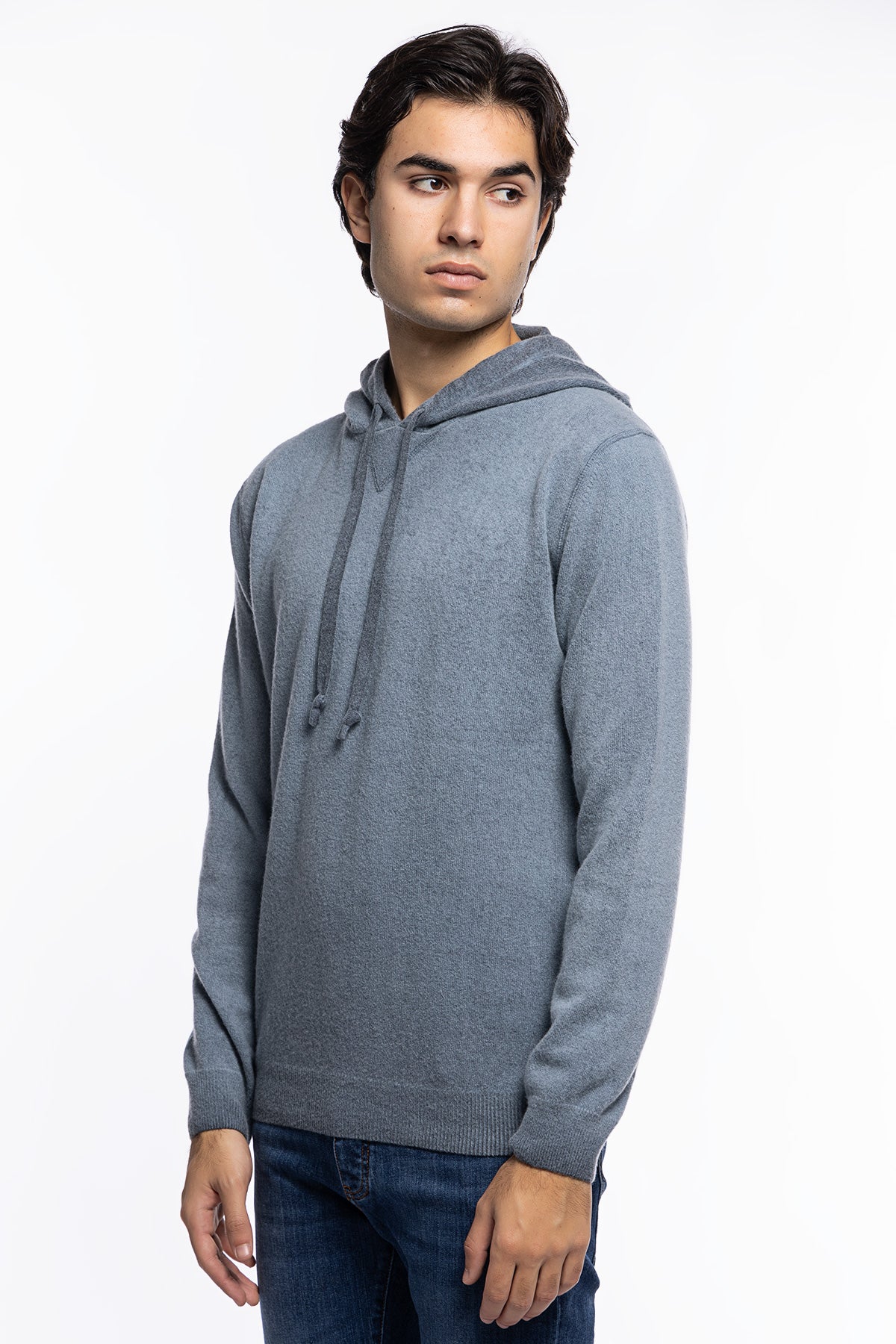 Felpa da uomo con cappuccio celeste in lana e cashmere made in italy