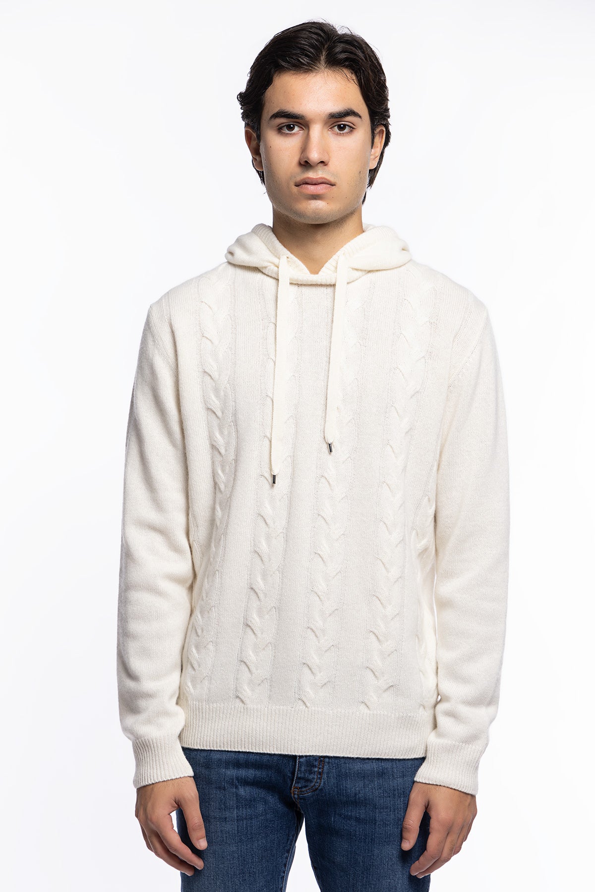 Maglione da uomo bianco con cappuccio modello felpa in lana cashmere e treccia interna made in italy