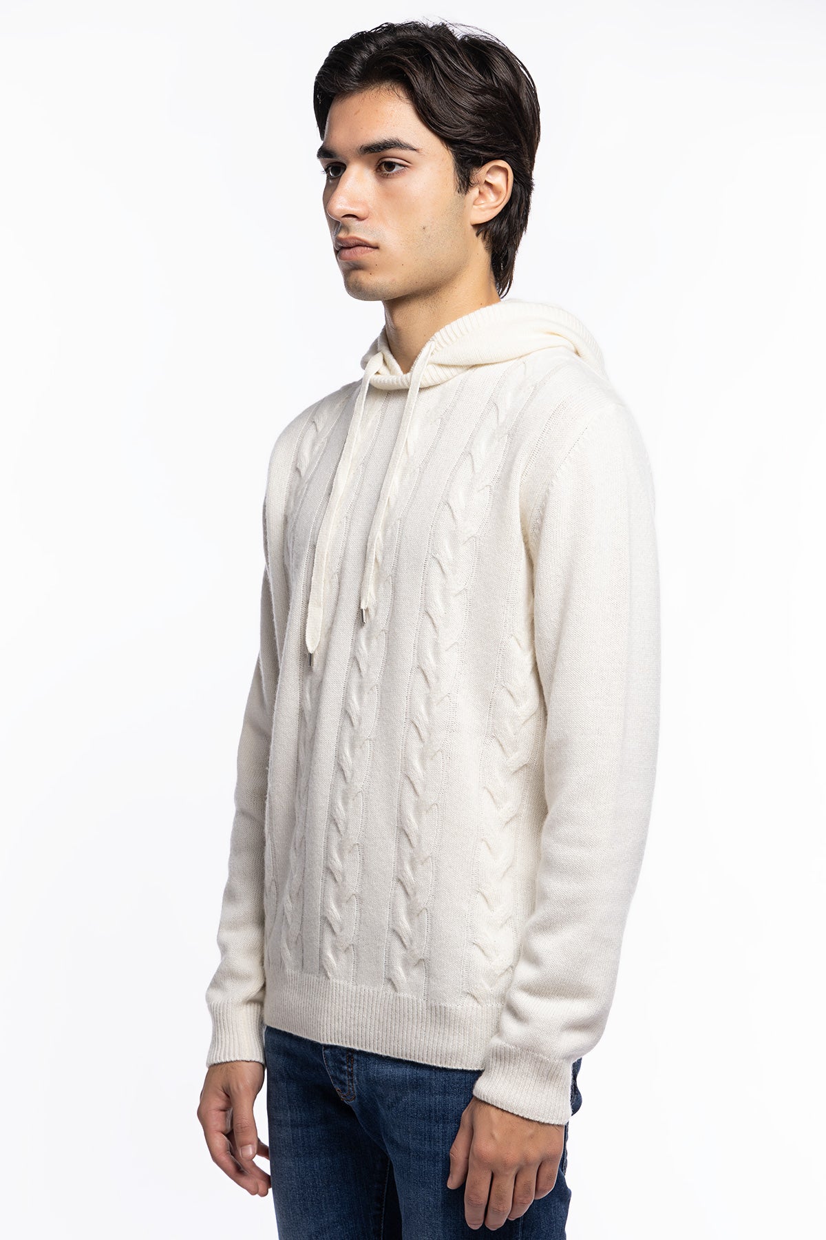Maglione da uomo bianco con cappuccio modello felpa in lana cashmere e treccia interna made in italy