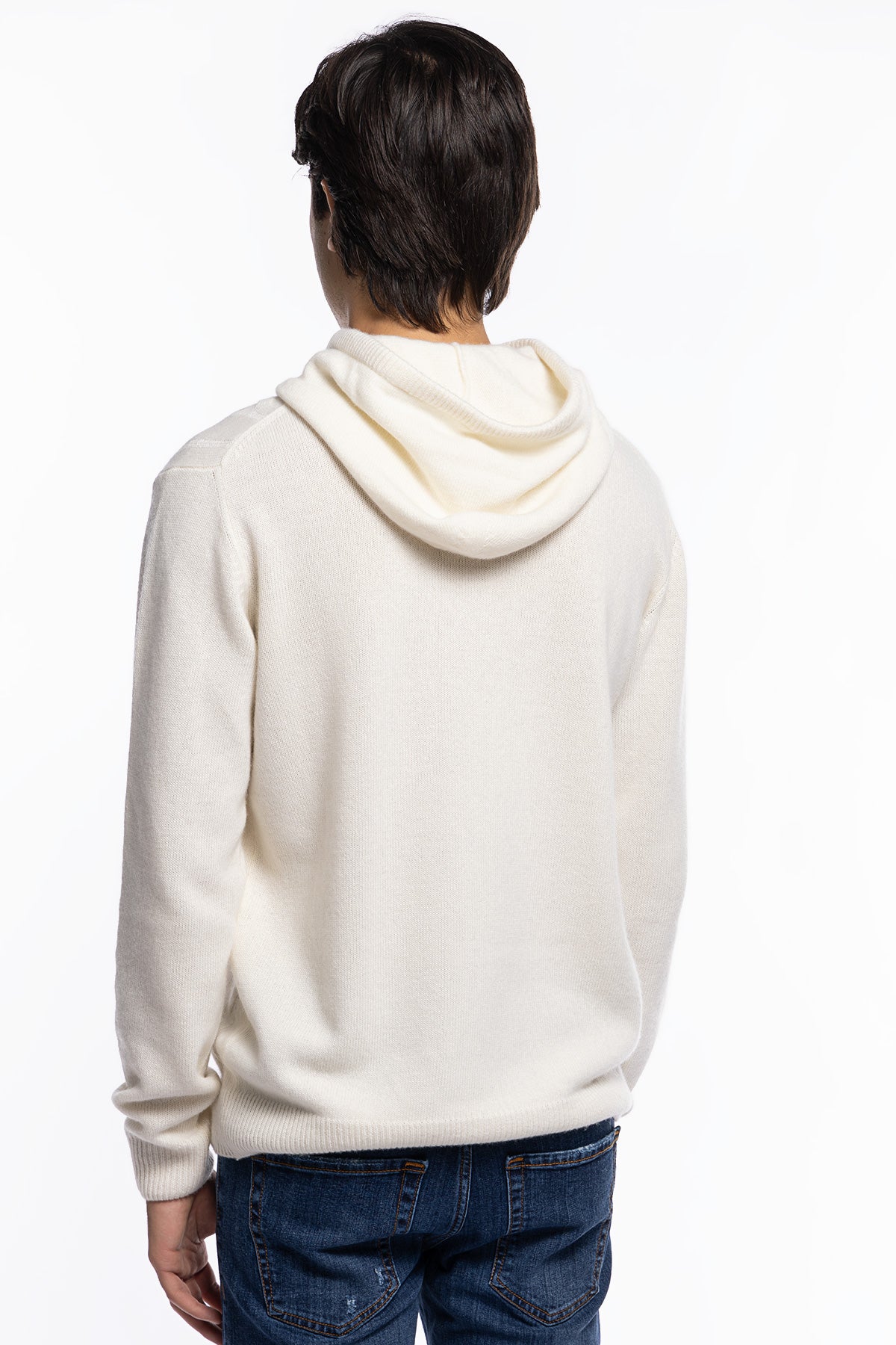 Maglione da uomo bianco con cappuccio modello felpa in lana cashmere e treccia interna made in italy