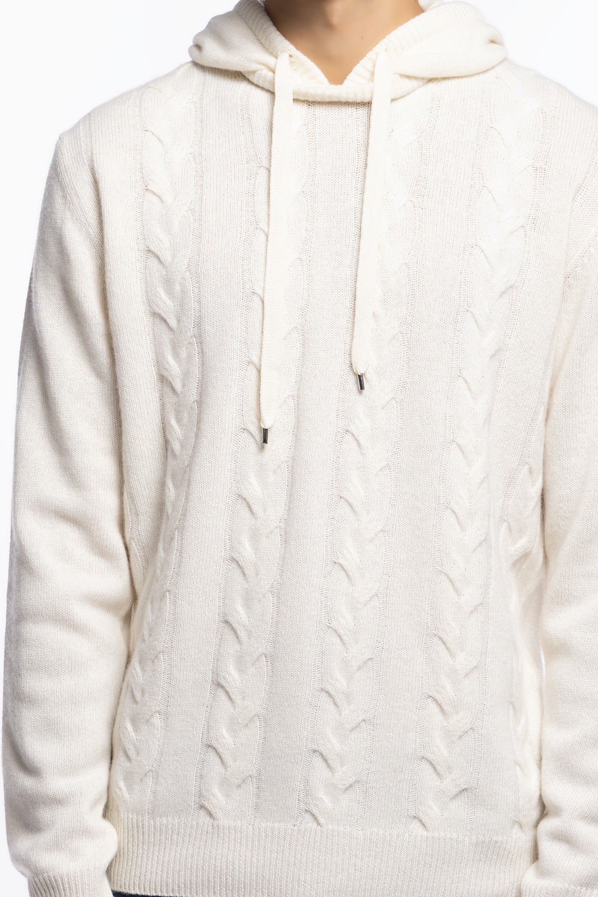 Maglione da uomo bianco con cappuccio modello felpa in lana cashmere e treccia interna made in italy