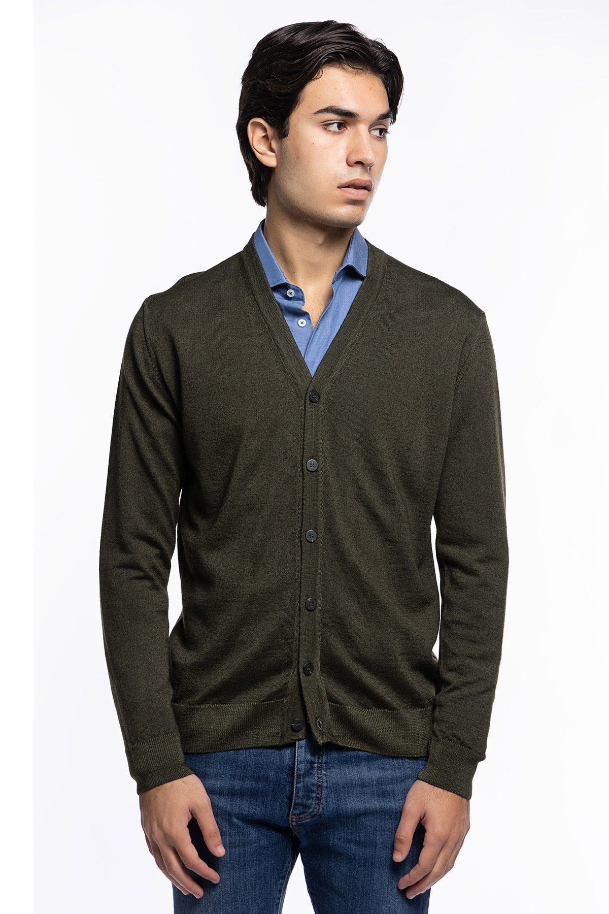 Cardigan uomo verde militare in lana merinos 100% stone wash slim fit made in Italy