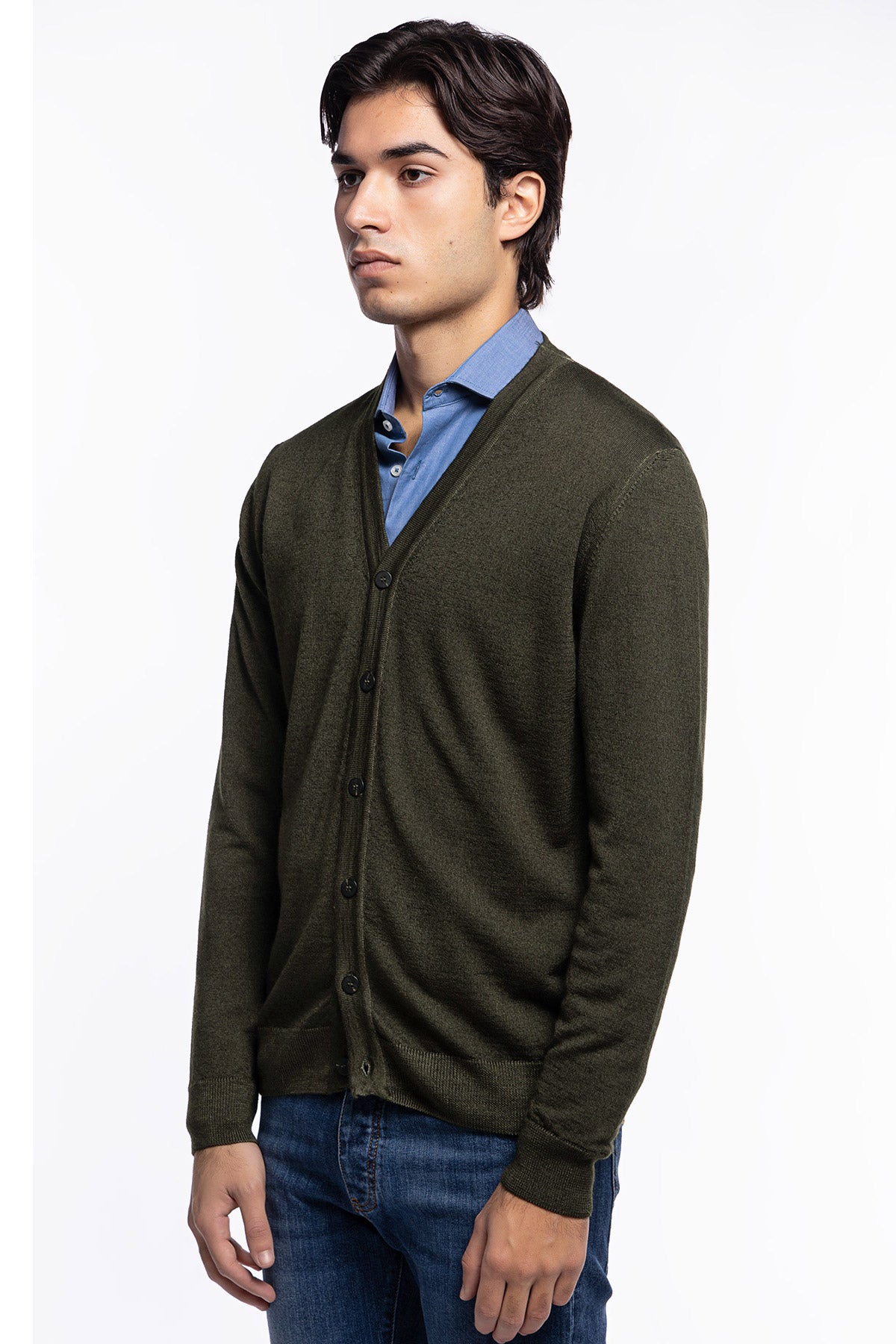 Cardigan uomo verde militare in lana merinos 100% stone wash slim fit made in Italy