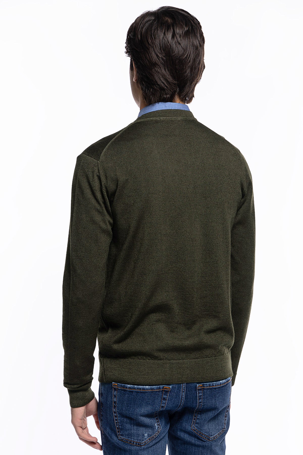 Cardigan uomo verde militare in lana merinos 100% stone wash slim fit made in Italy