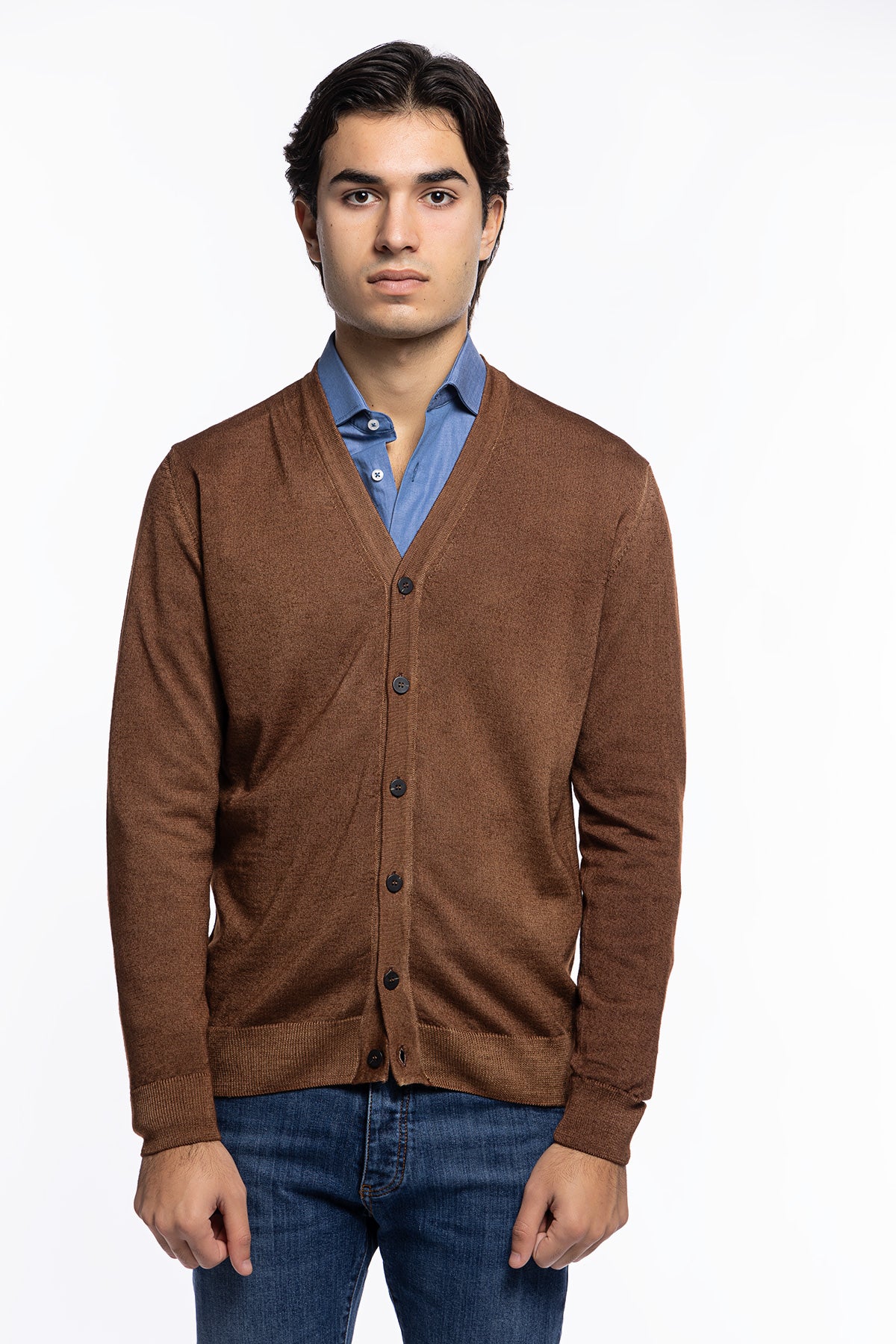 Cardigan uomo Marrone in lana merinos 100% stone wash slim fit made in Italy