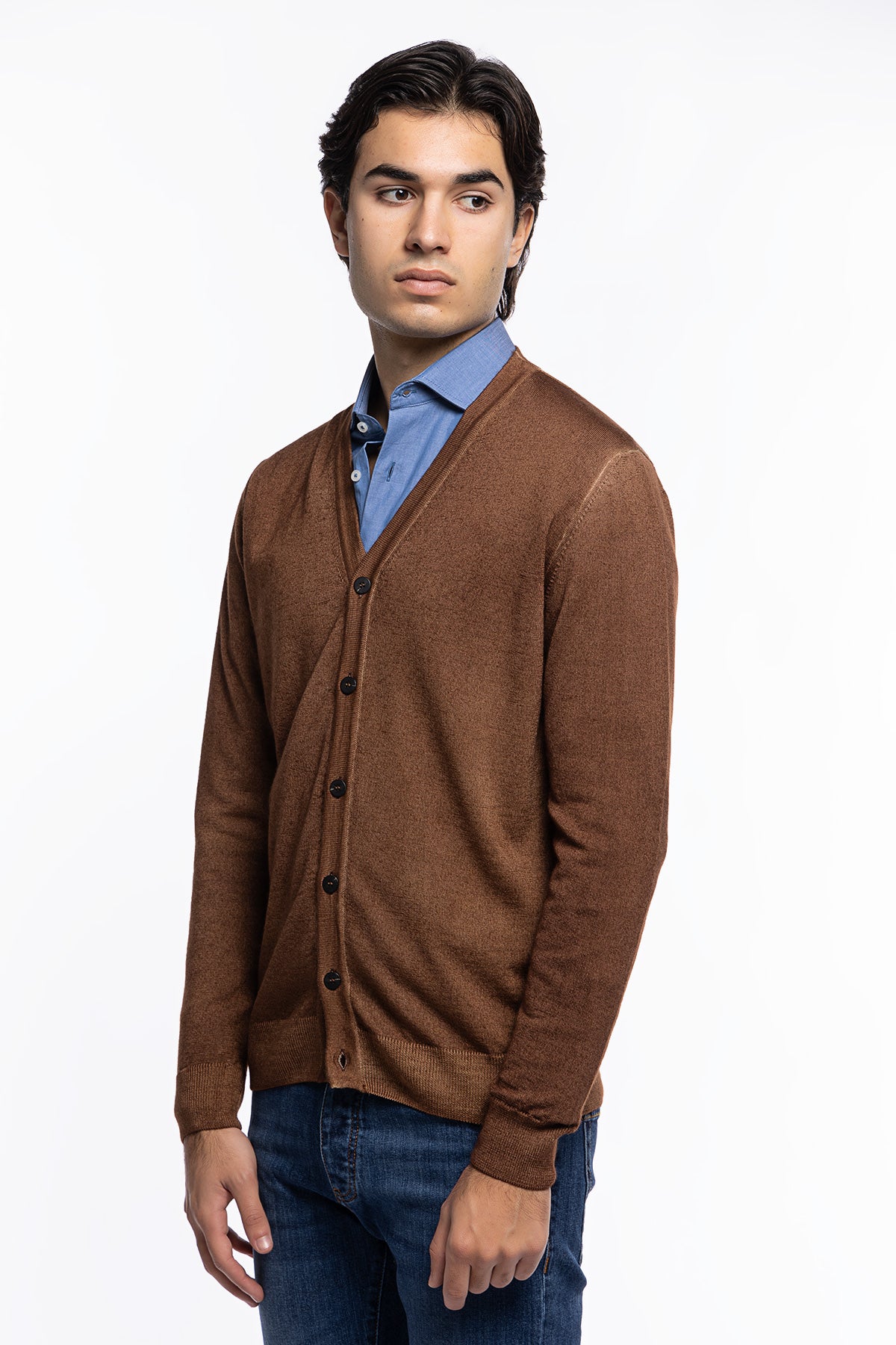 Cardigan uomo Marrone in lana merinos 100% stone wash slim fit made in Italy