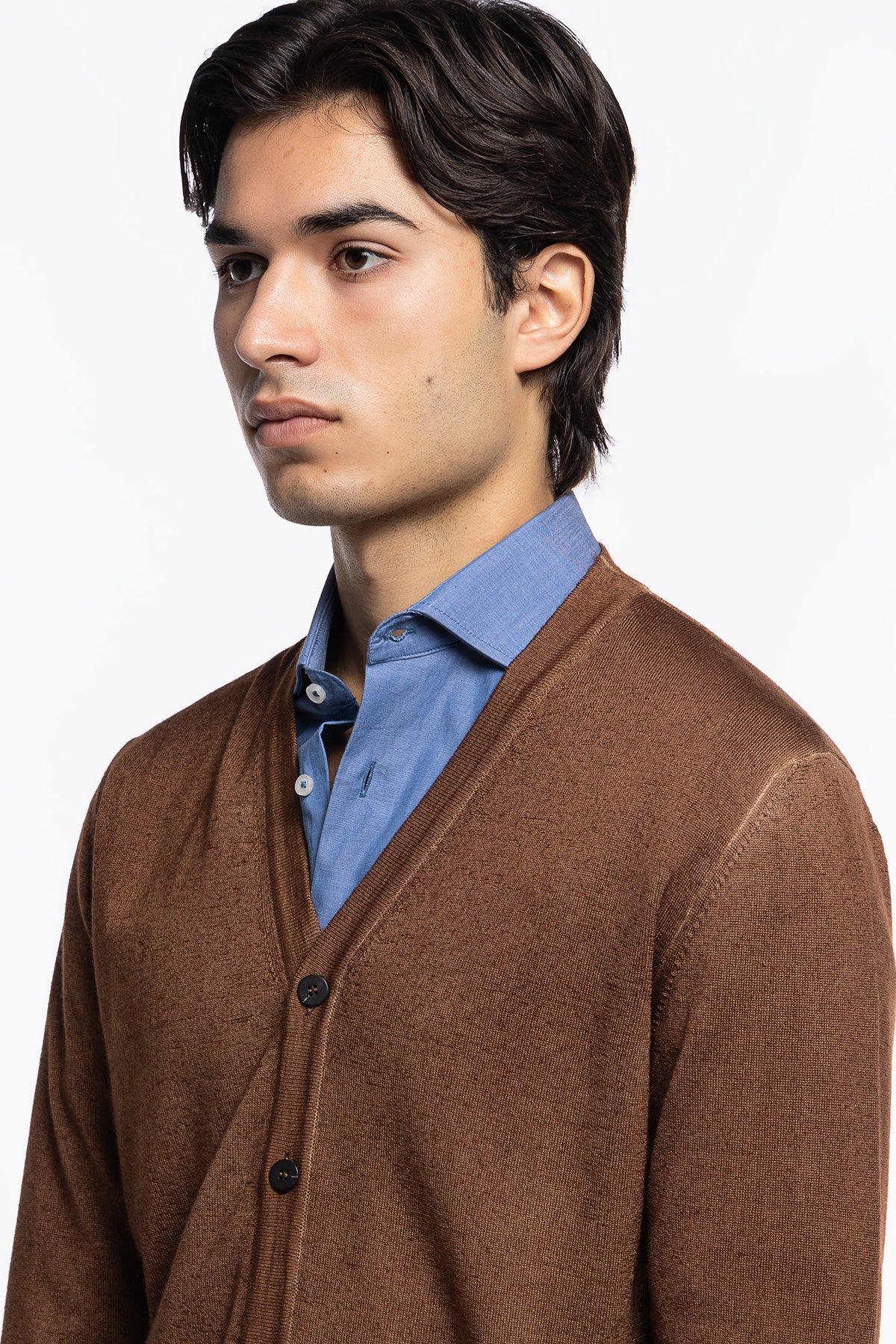 Cardigan uomo Marrone in lana merinos 100% stone wash slim fit made in Italy