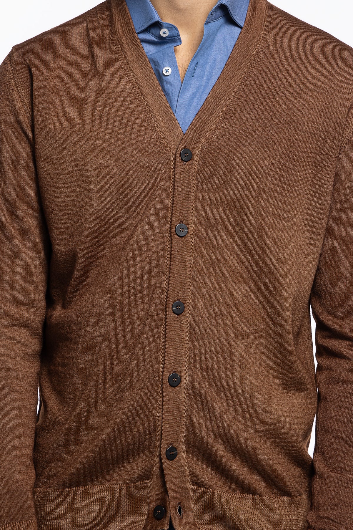 Cardigan uomo Marrone in lana merinos 100% stone wash slim fit made in Italy
