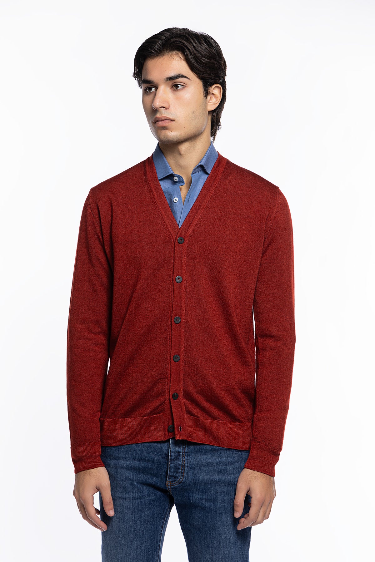 Cardigan uomo rosso in lana merinos 100% stone wash slim fit made in Italy