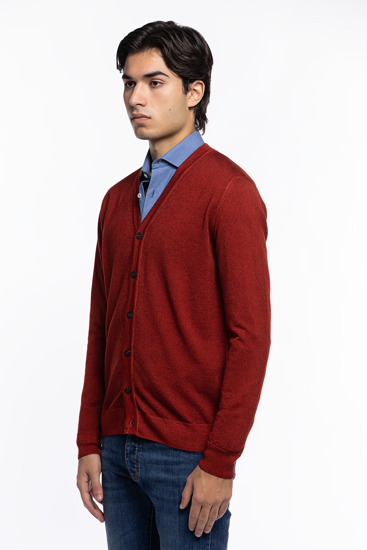 Cardigan uomo rosso in lana merinos 100% stone wash slim fit made in Italy