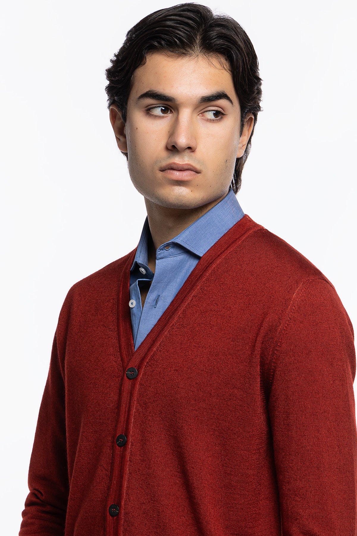 Cardigan uomo rosso in lana merinos 100% stone wash slim fit made in Italy