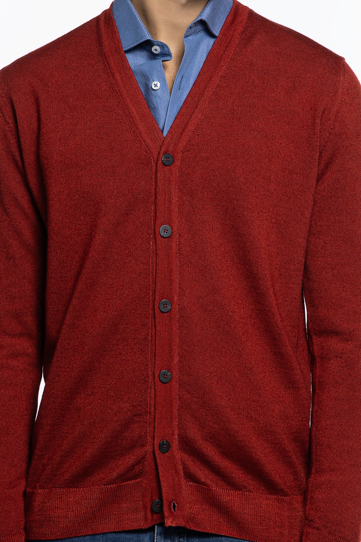 Cardigan uomo rosso in lana merinos 100% stone wash slim fit made in Italy