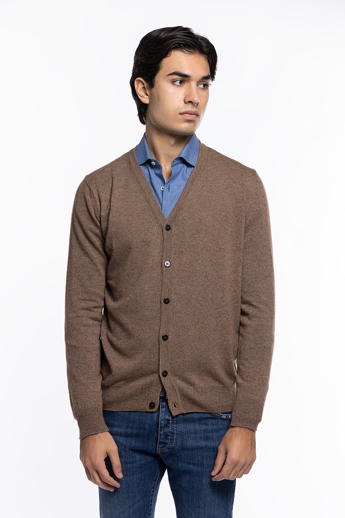Cardigan uomo fango in lana e cashmere stone wash slim fit made in Italy