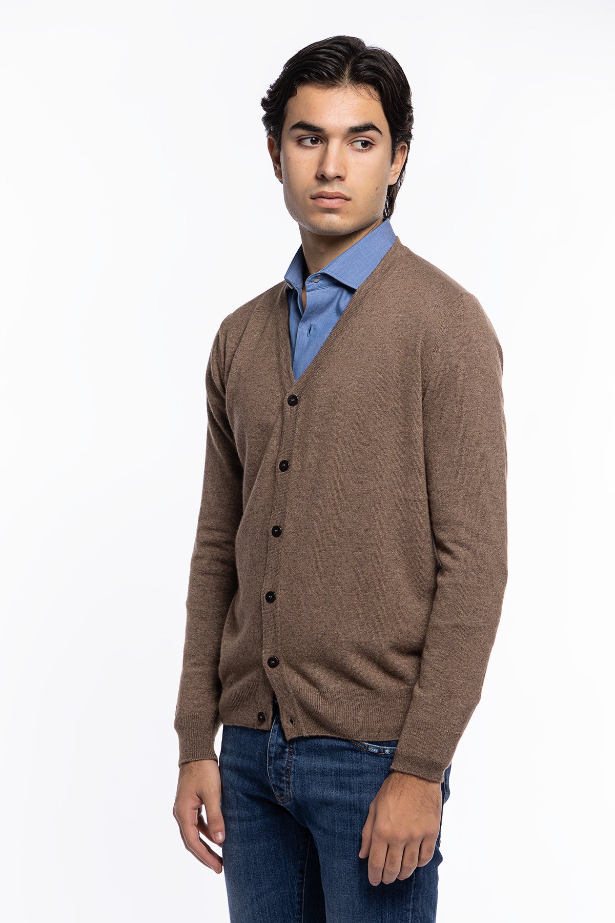 Cardigan uomo fango in lana e cashmere stone wash slim fit made in Italy