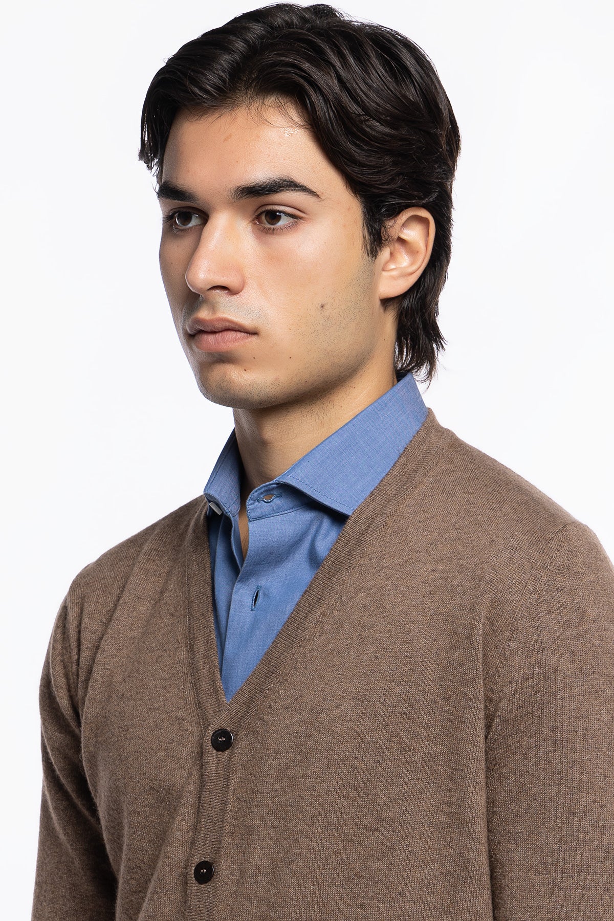 Cardigan uomo fango in lana e cashmere stone wash slim fit made in Italy