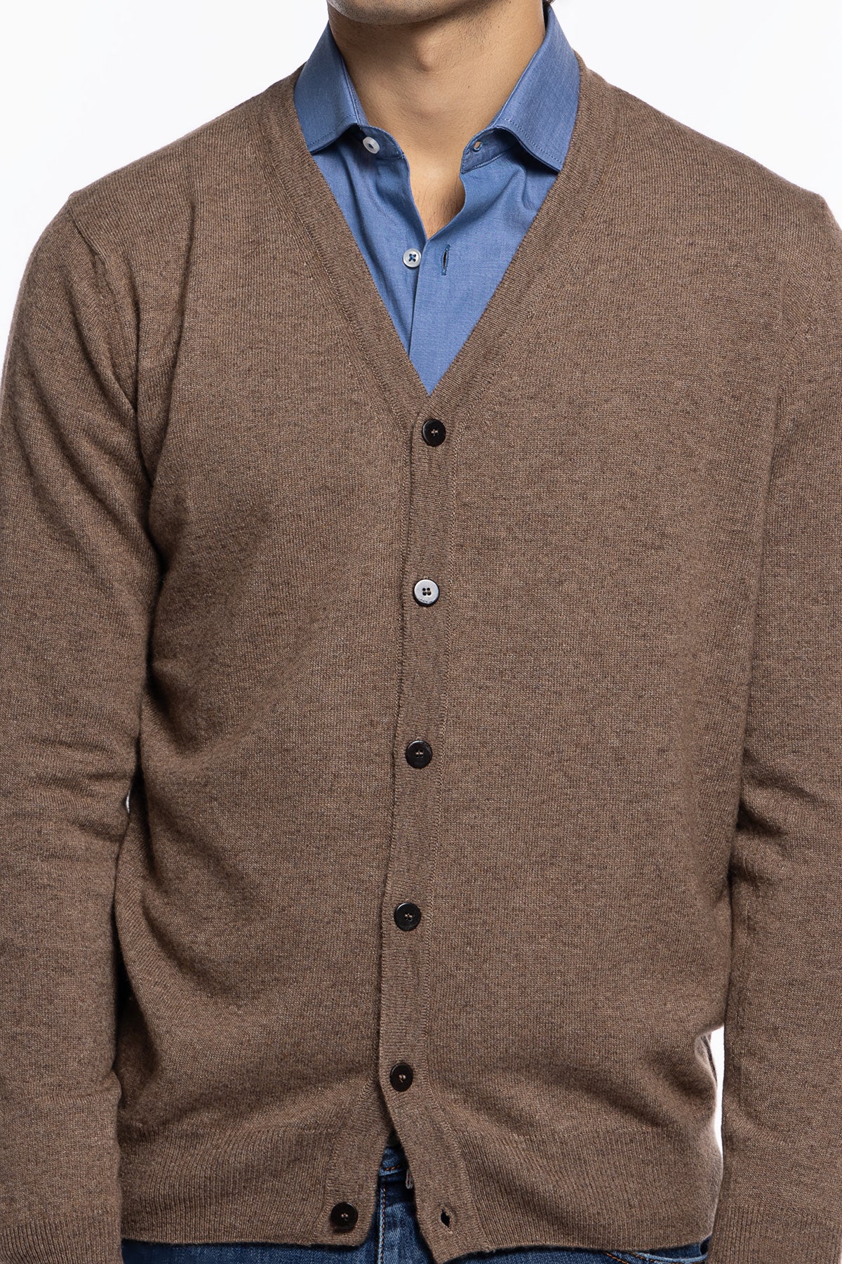 Cardigan uomo fango in lana e cashmere stone wash slim fit made in Italy