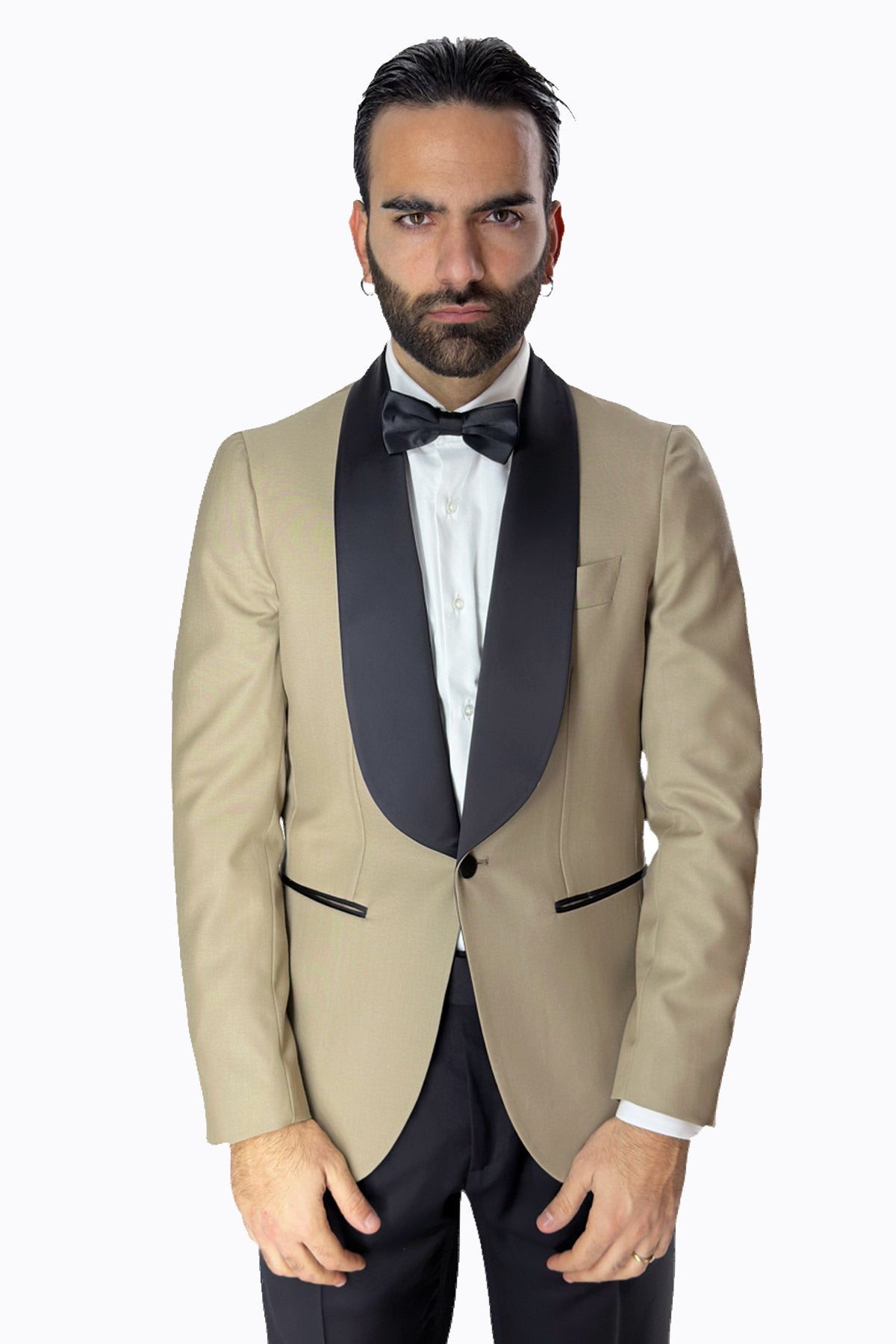 Giacca smoking da uomo beige monopetto in fresco lana super 140's Holland & Sherry con rever a scialle largo