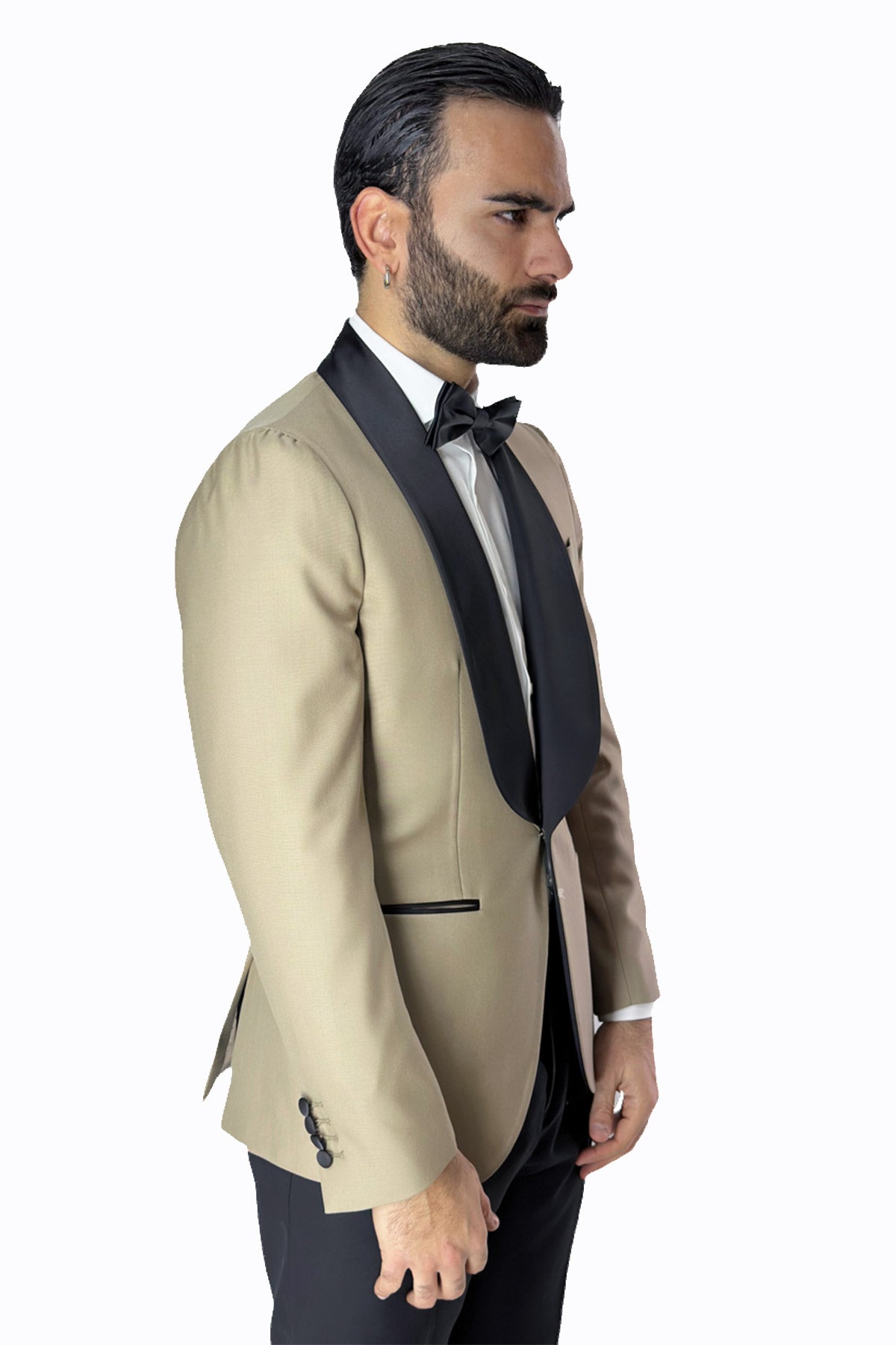 Giacca smoking da uomo beige monopetto in fresco lana super 140's Holland & Sherry con rever a scialle largo
