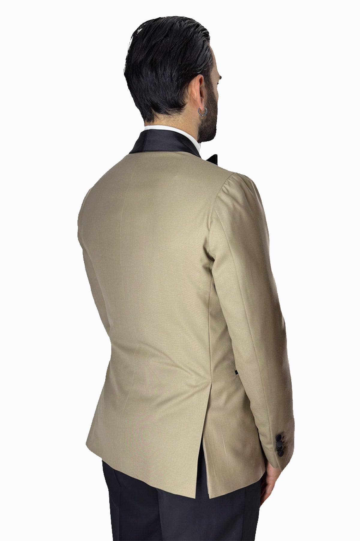 Giacca smoking da uomo beige monopetto in fresco lana super 140's Holland & Sherry con rever a scialle largo