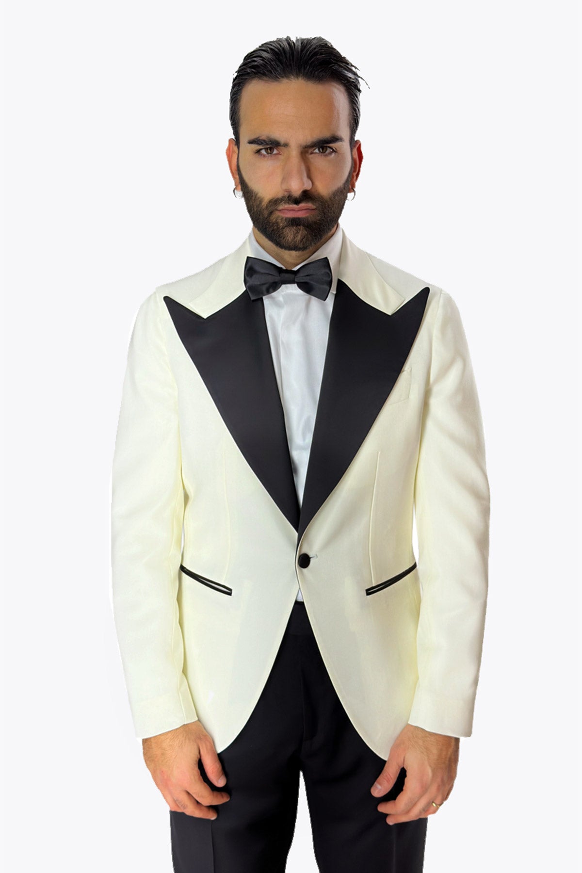 Giacca smoking da uomo bianco monopetto in fresco lana super 140's Bristol Tessuti Napoli con rever a Lancia largo