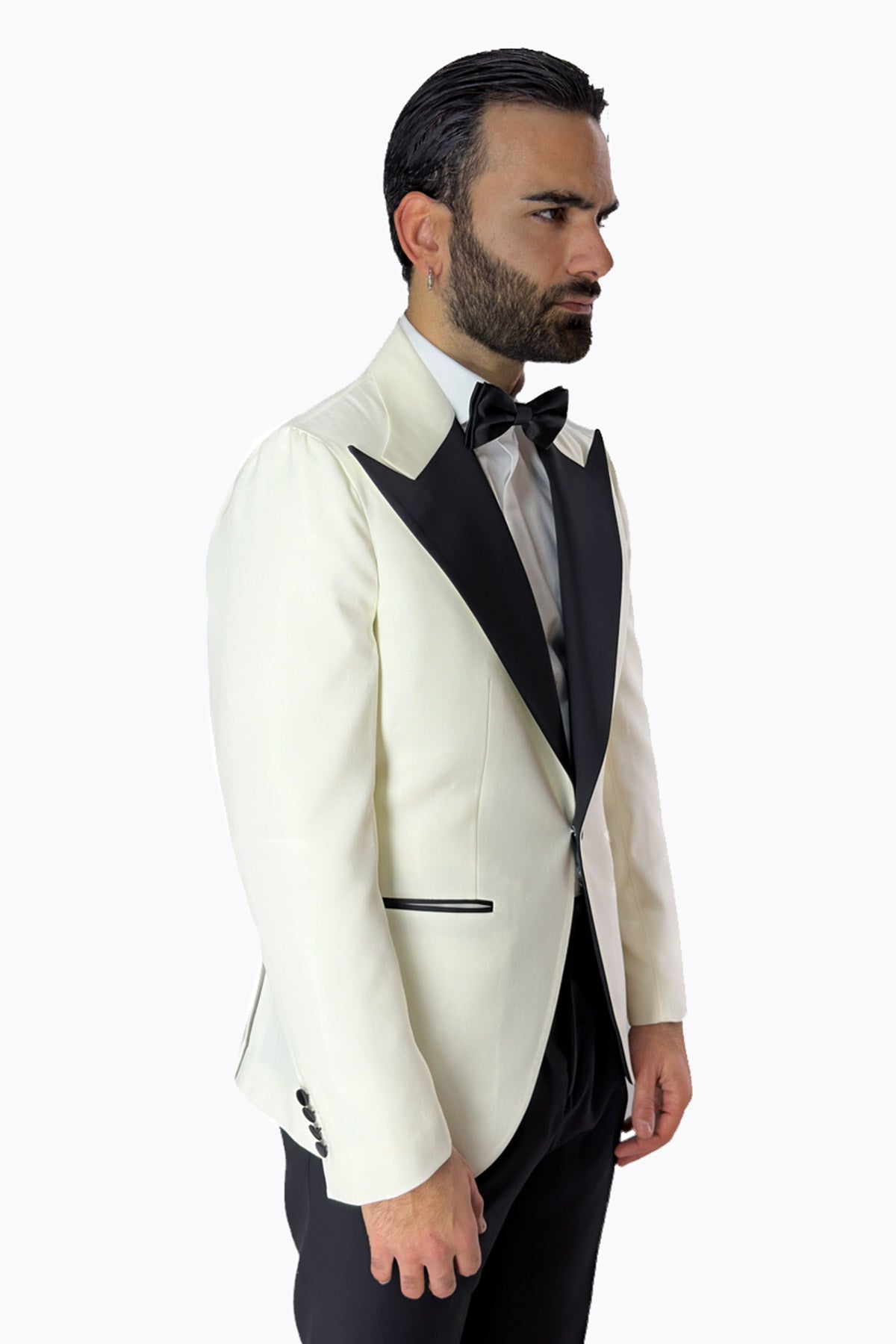 Giacca smoking da uomo bianco monopetto in fresco lana super 140's Bristol Tessuti Napoli con rever a Lancia largo