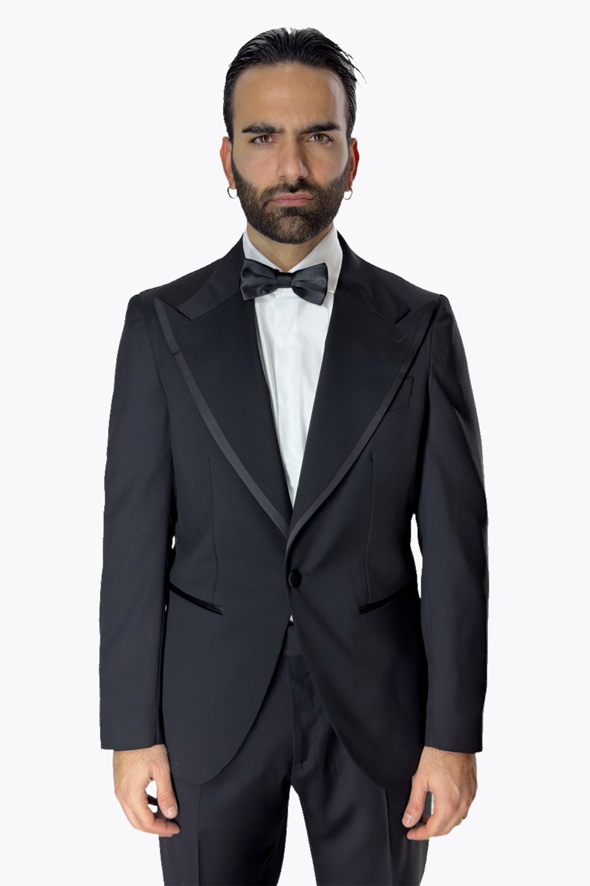 Giacca smoking da uomo nero monopetto in fresco lana super 140's Vitale Barberis Canonico con profilo in raso sul rever a Lancia largo