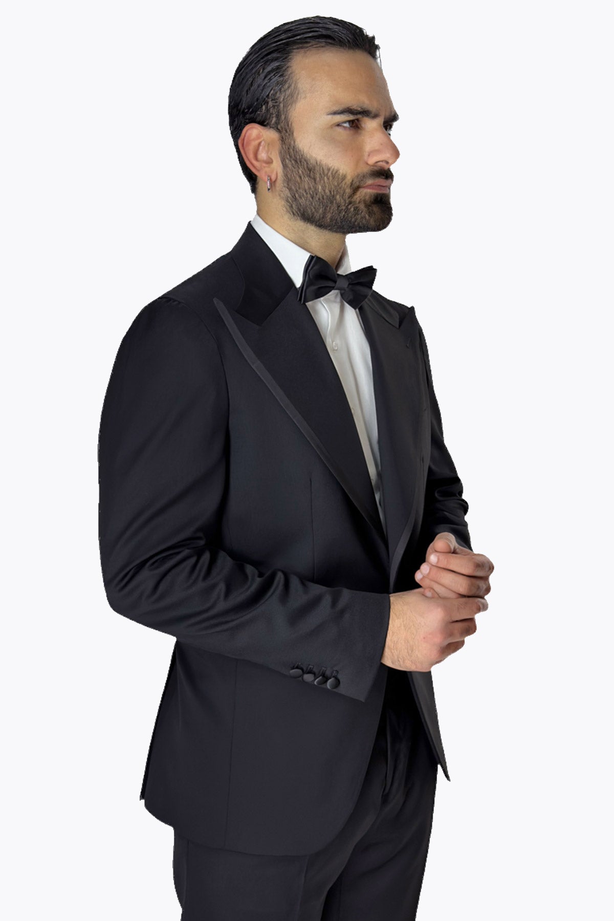 Giacca smoking da uomo nero monopetto in fresco lana super 140's Vitale Barberis Canonico con profilo in raso sul rever a Lancia largo