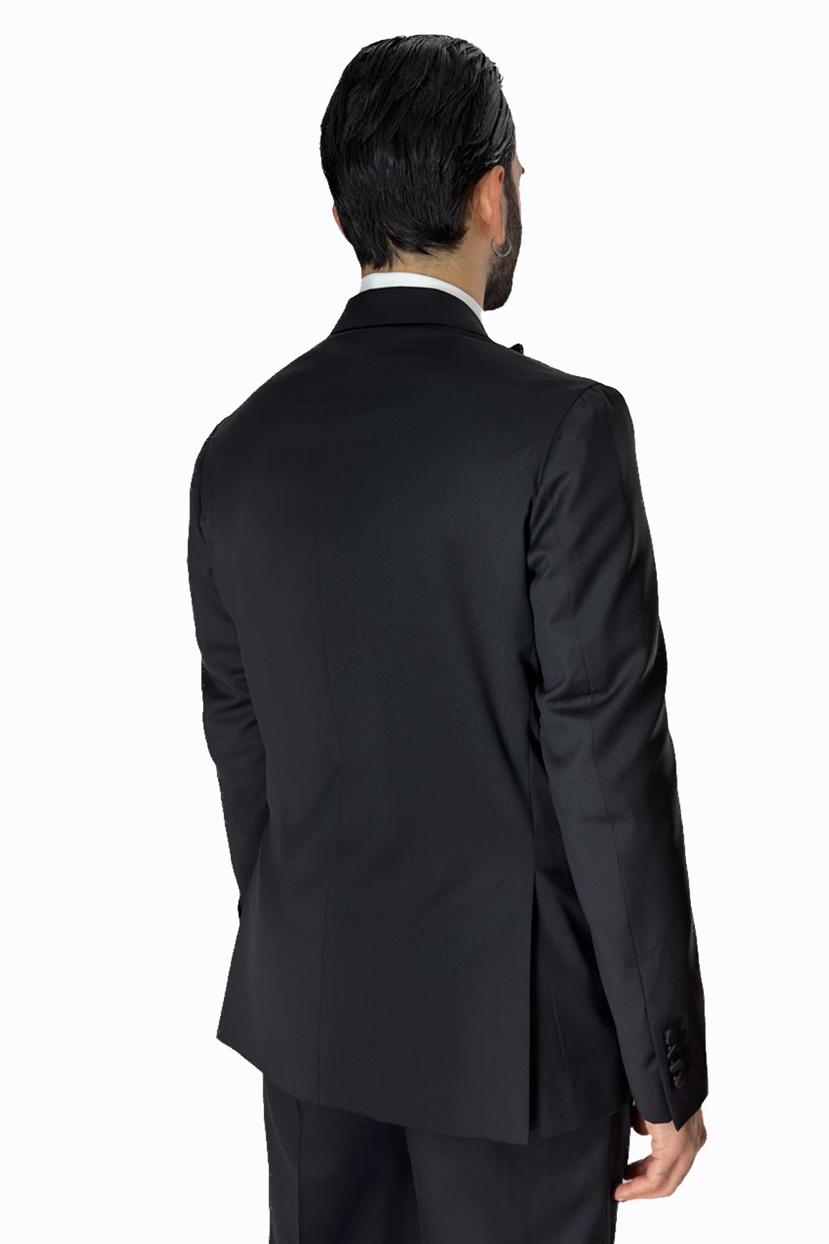Giacca smoking da uomo nero monopetto in fresco lana super 140's Vitale Barberis Canonico con profilo in raso sul rever a Lancia largo