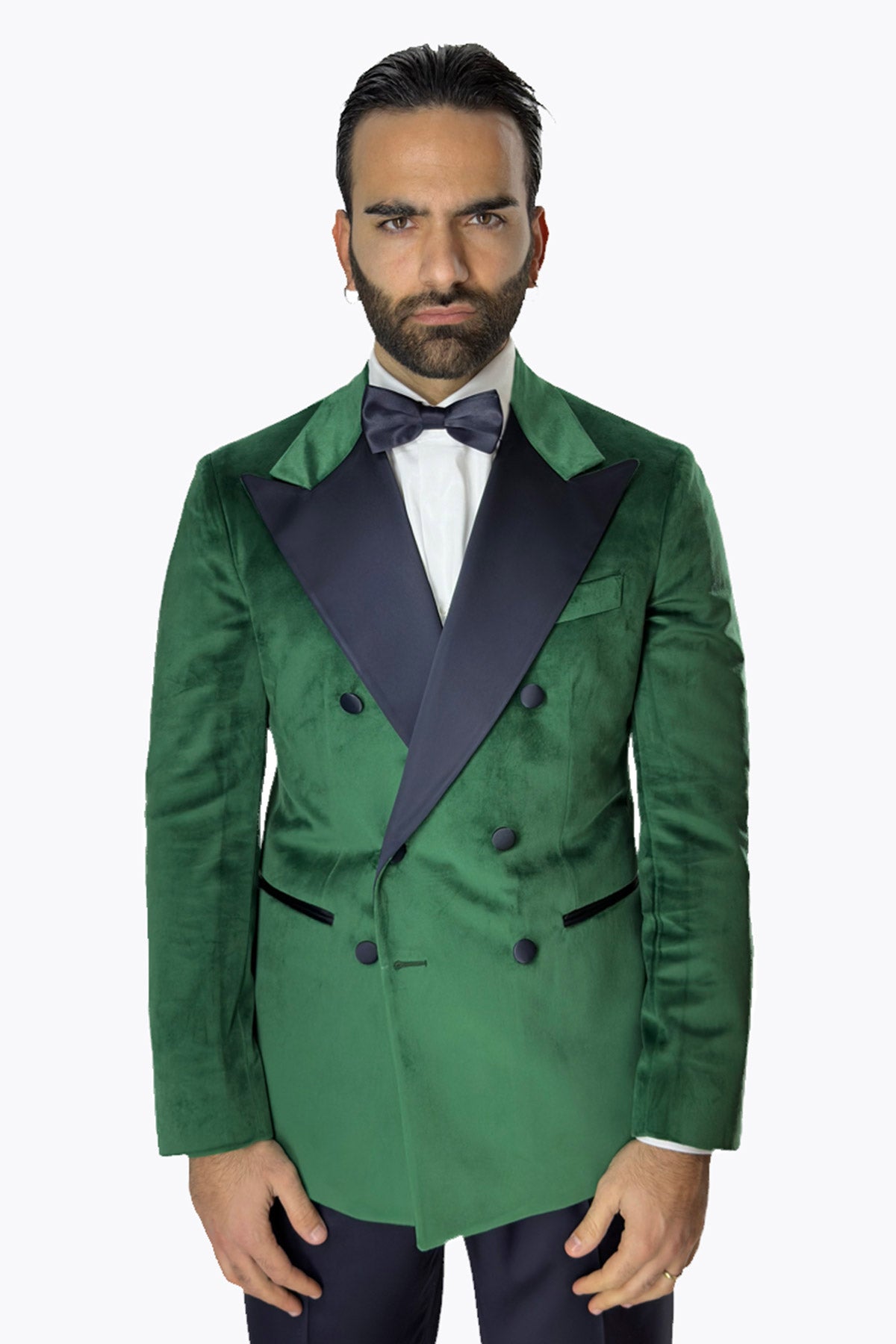 Giacca uomo Doppiopetto verde in velluto liscio con rever in raso blu notte sartoriale slim fit