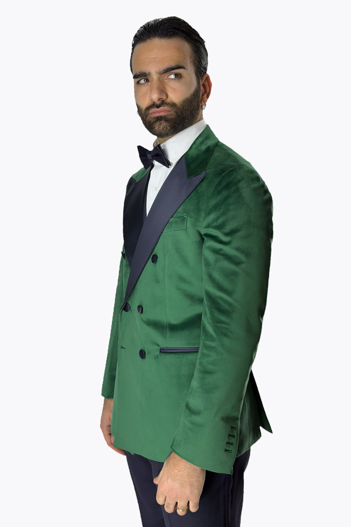 Giacca uomo Doppiopetto verde in velluto liscio con rever in raso blu notte sartoriale slim fit