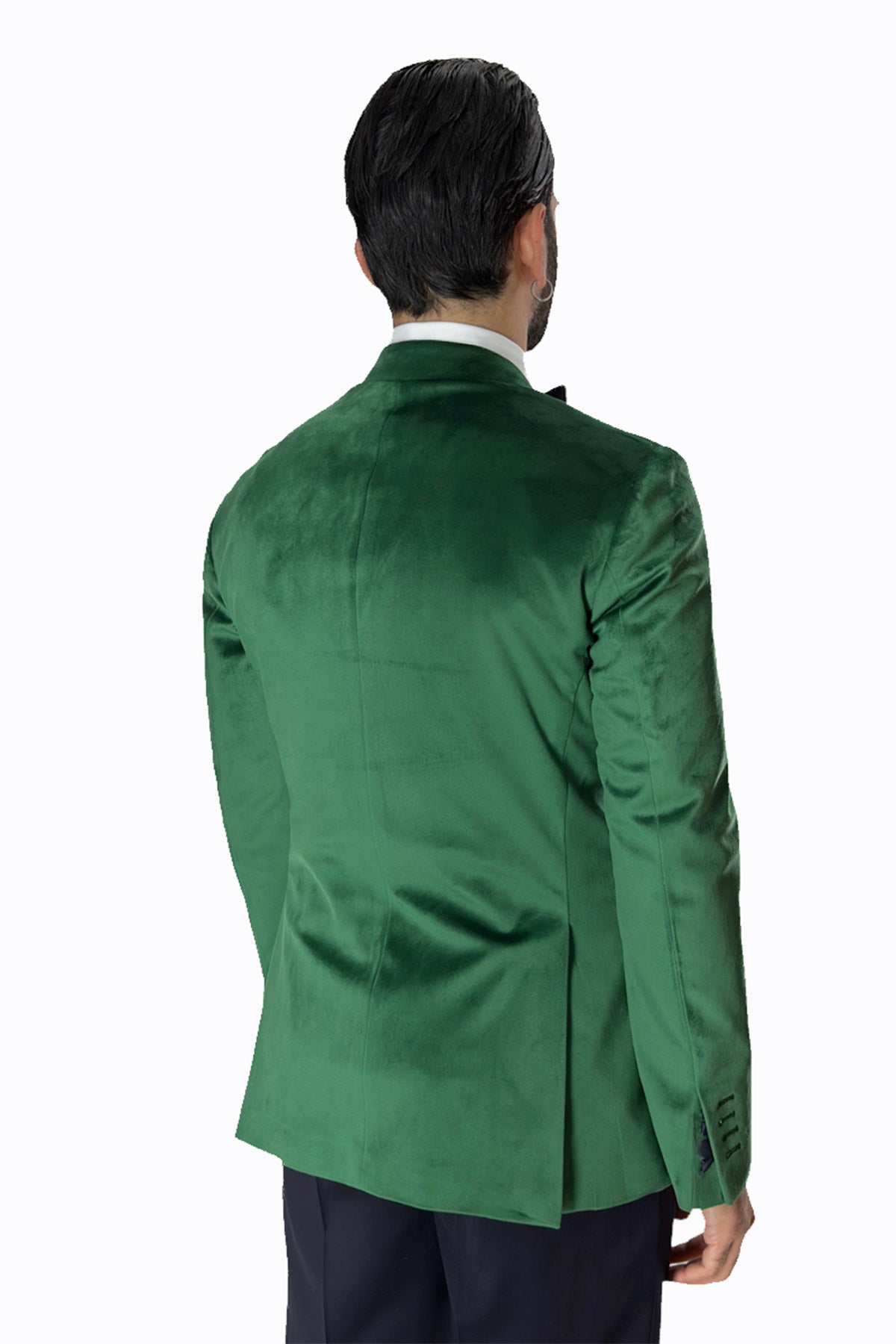 Giacca uomo Doppiopetto verde in velluto liscio con rever in raso blu notte sartoriale slim fit
