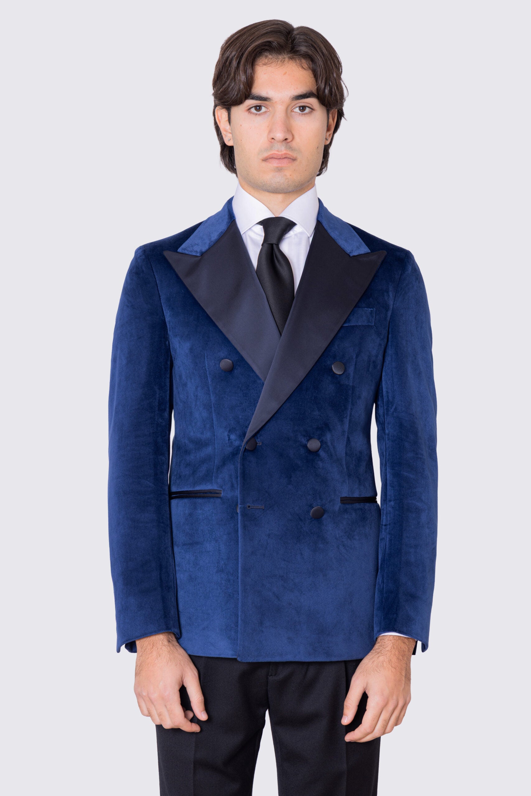 Giacca uomo Doppiopetto royal blu in velluto liscio con rever in raso blu notte sartoriale slim fit
