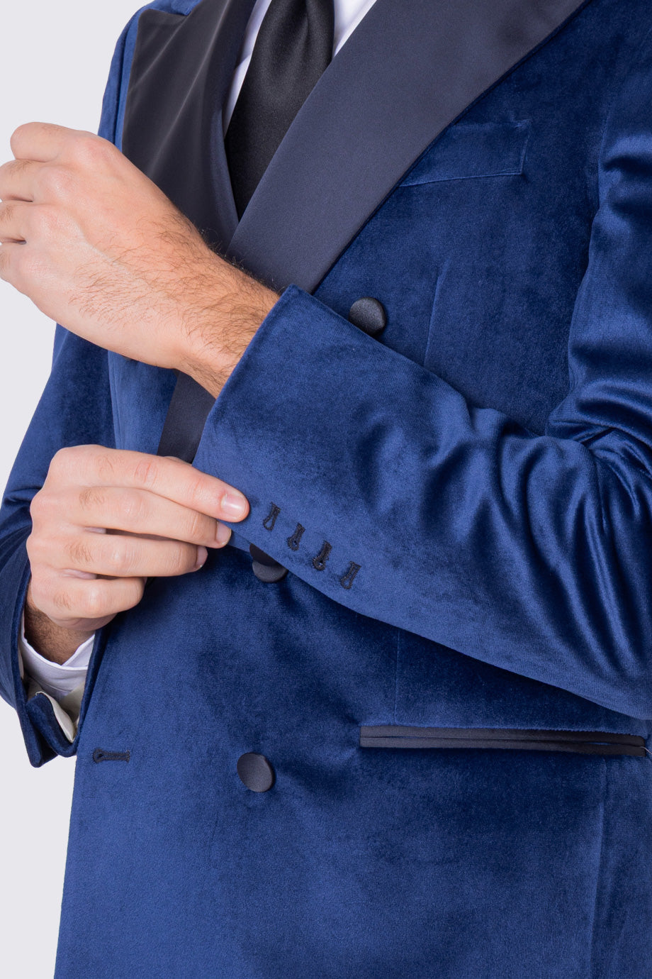 Giacca uomo Doppiopetto royal blu in velluto liscio con rever in raso blu notte sartoriale slim fit
