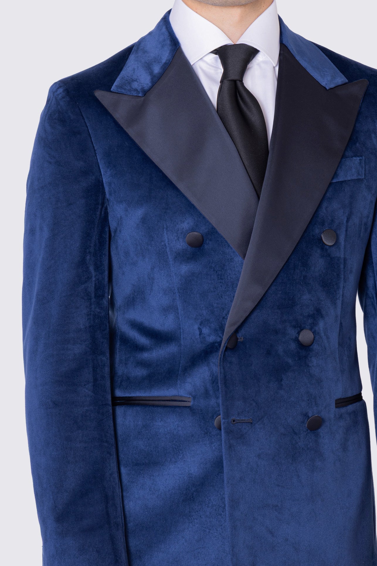 Giacca uomo Doppiopetto royal blu in velluto liscio con rever in raso blu notte sartoriale slim fit