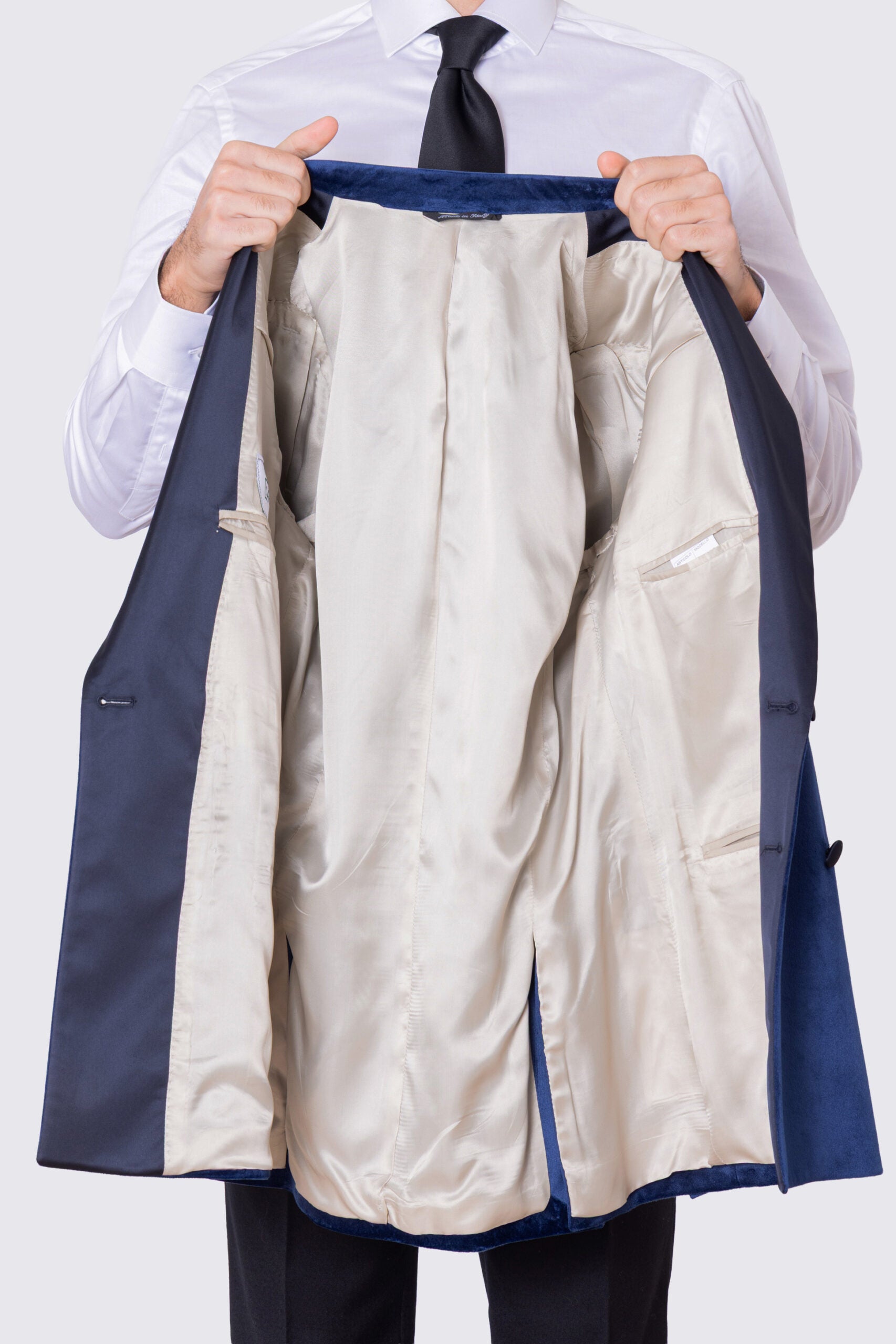 Giacca uomo Doppiopetto royal blu in velluto liscio con rever in raso blu notte sartoriale slim fit
