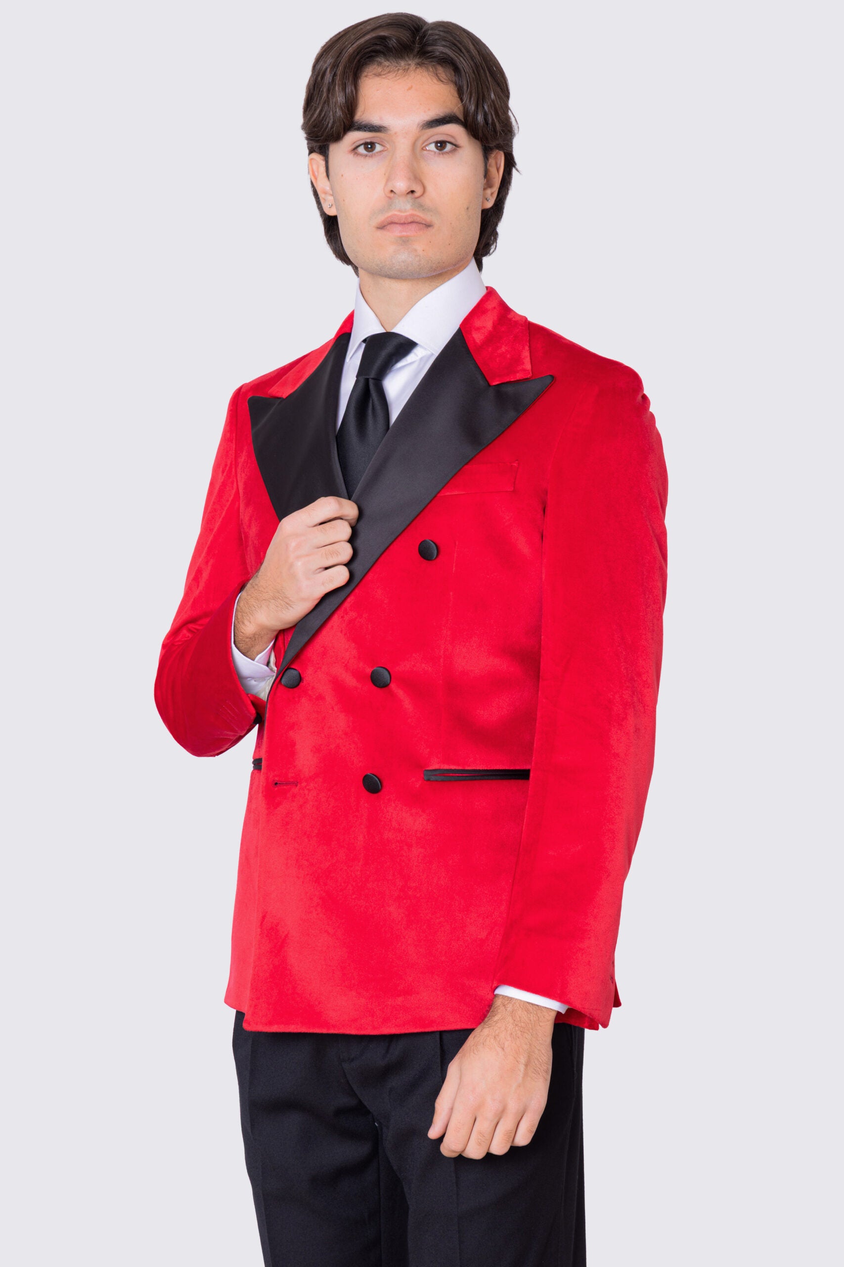 Giacca uomo Doppiopetto Rossa in velluto liscio con rever in raso nero sartoriale slim fit
