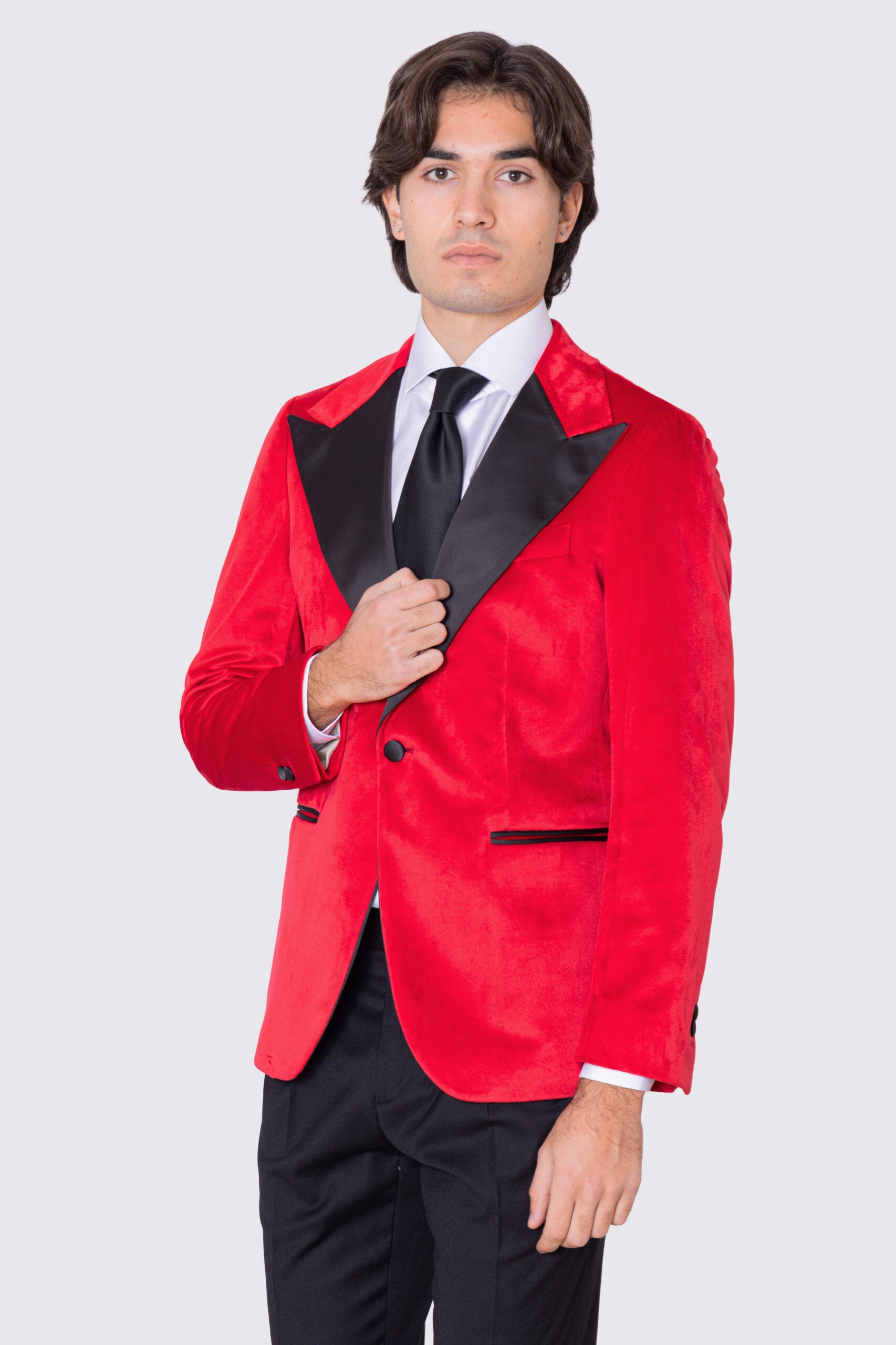 Giacca uomo Monopetto Rossa in velluto liscio con rever in raso nero sartoriale slim fit