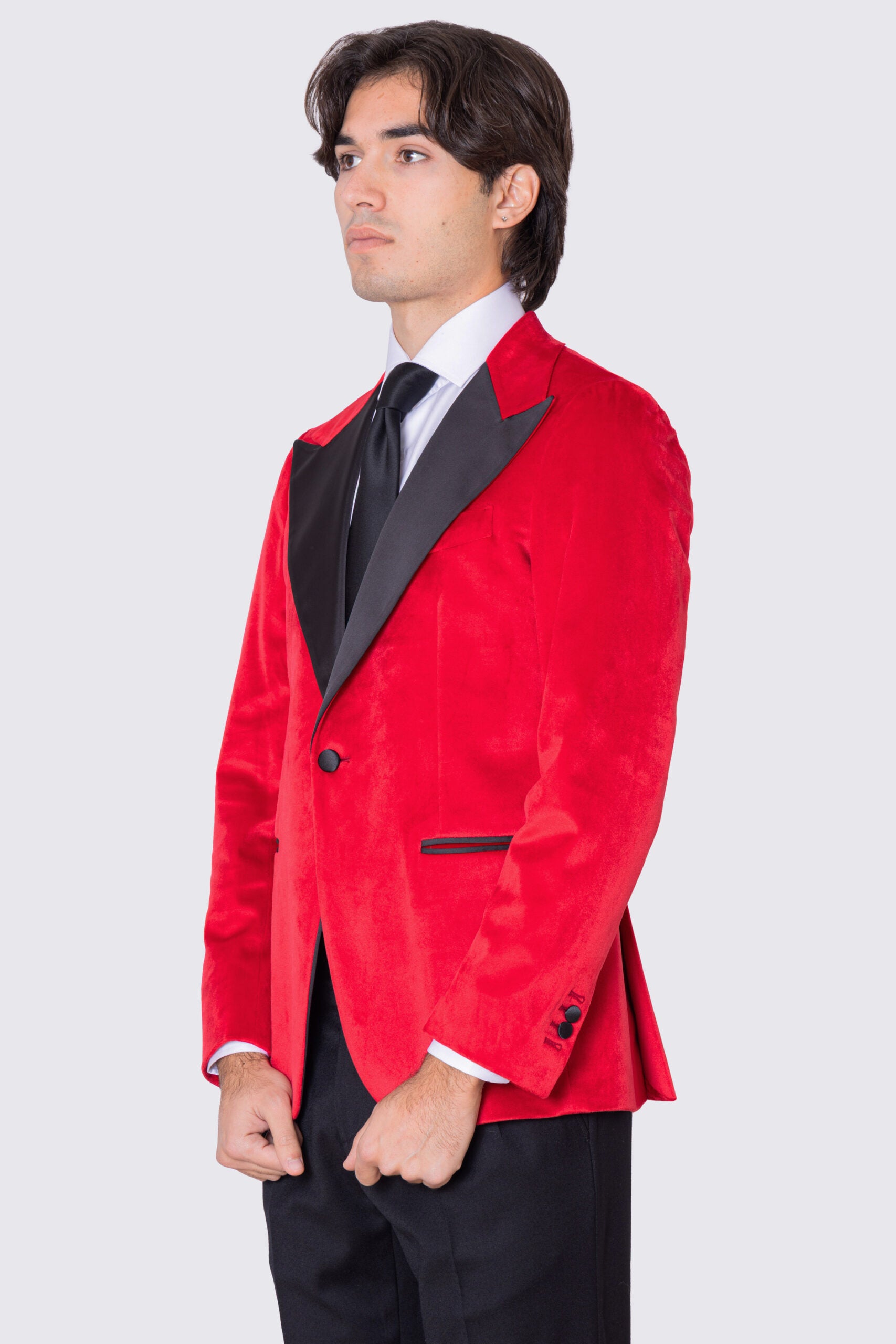 Giacca uomo Monopetto Rossa in velluto liscio con rever in raso nero sartoriale slim fit