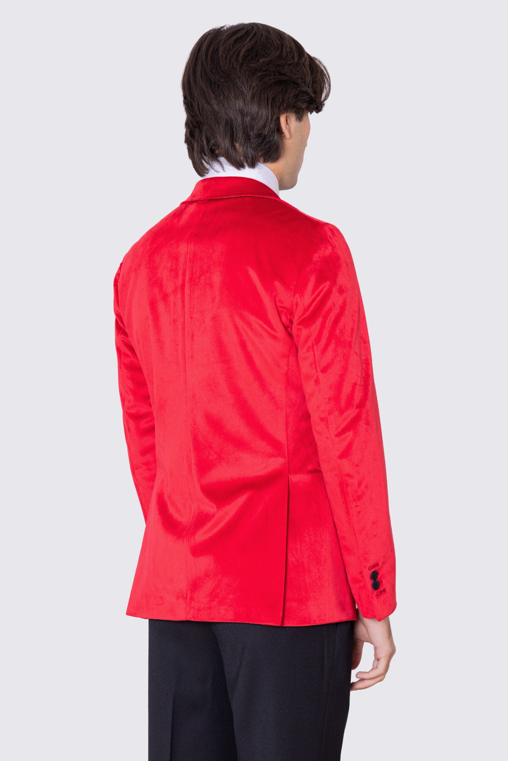 Giacca uomo Monopetto Rossa in velluto liscio con rever in raso nero sartoriale slim fit
