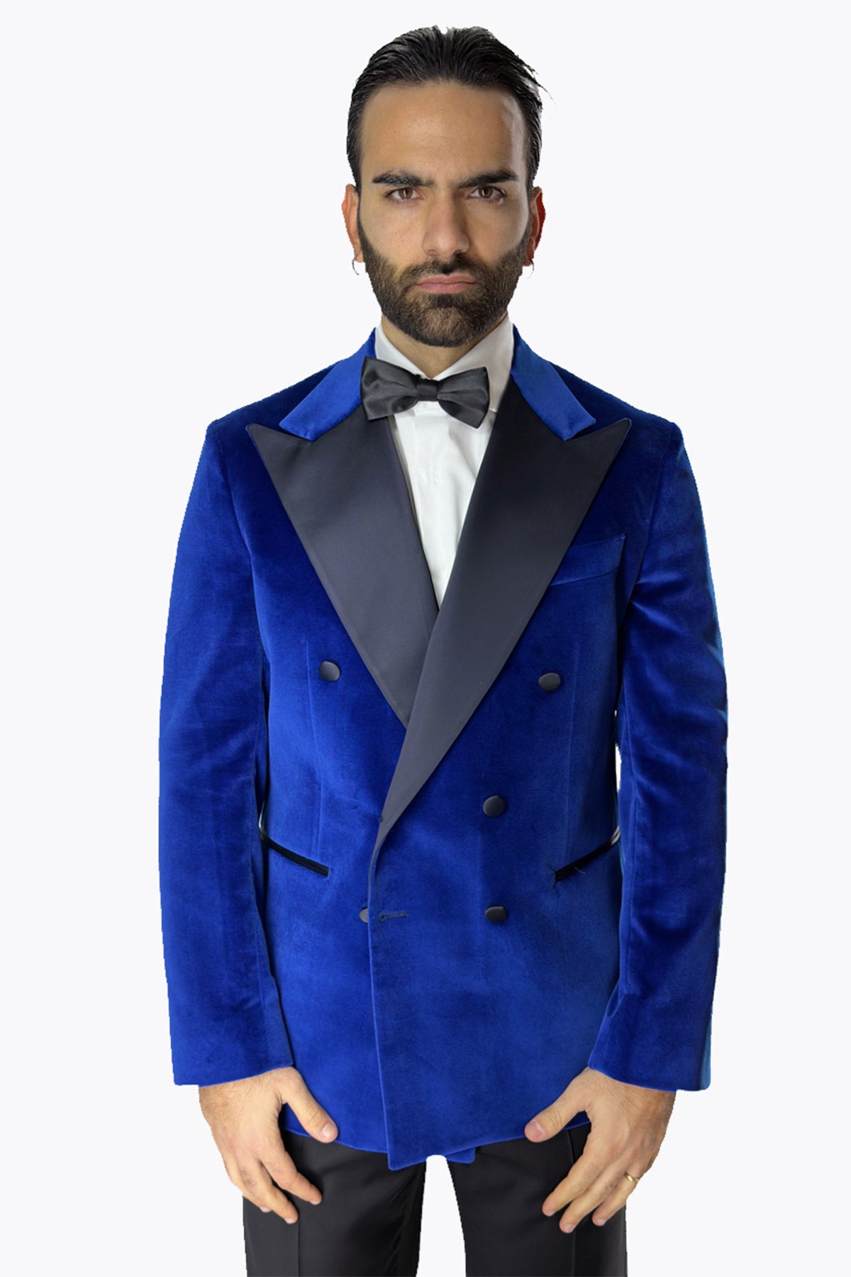 Giacca uomo Doppiopetto royal blu in velluto liscio Holland & Sherry con rever a lancia largo